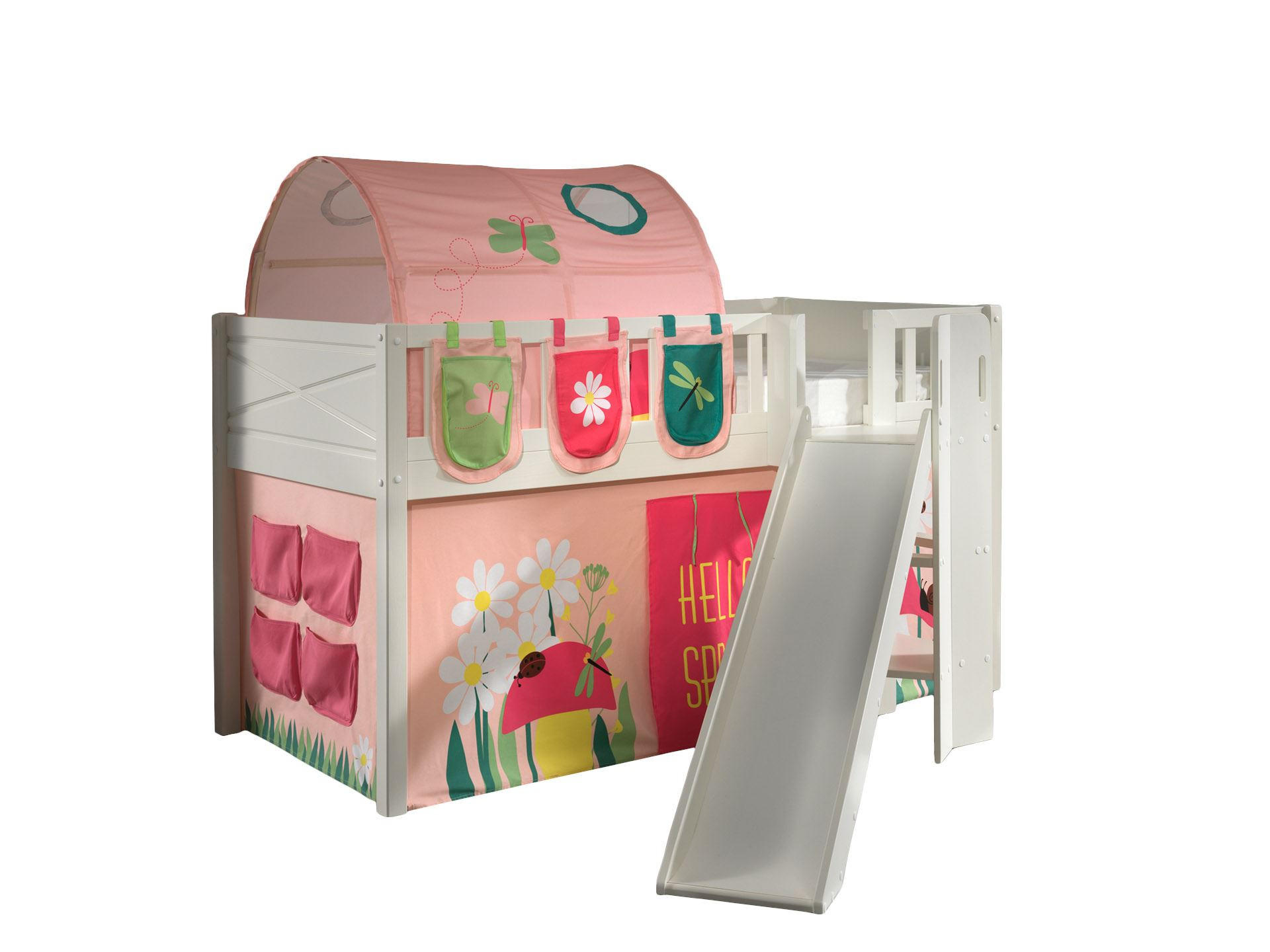 KINDERBETT mit Rutsche Karyl Massivholz Weiß Textilset Spring 4 - Hellrosa/Weiß, Holz (90/200cm) - 58aufmkessel