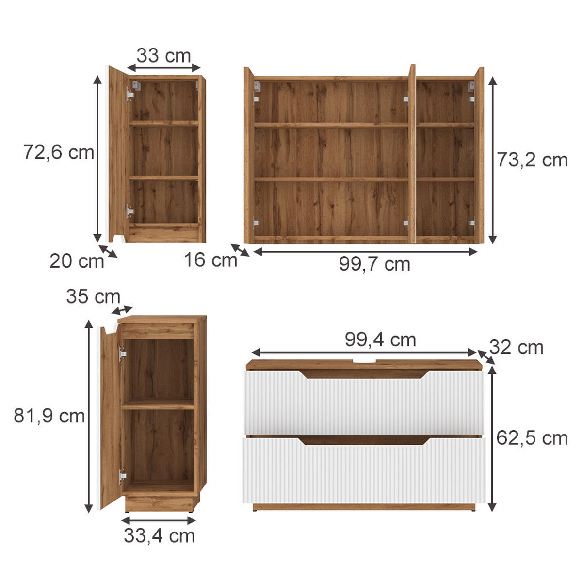 BADMÖBEL-SET Lotta Eiche/weiß gestreift 4 Teile - Eichefarben/Weiß, Holzwerkstoff (99.4/62.5/32cm) - Vicco