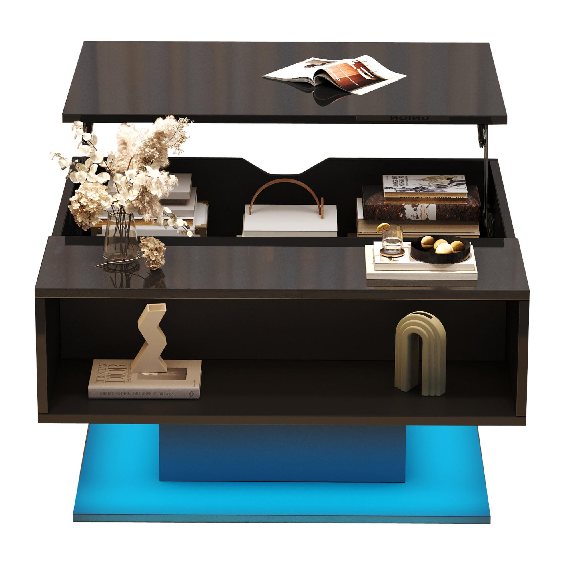 Modfu KONFERENČNÍ stolek z dřevotřísky 80x75x40 cm černý s výklopnou deskou, LED osvětlením a úložným prostorem