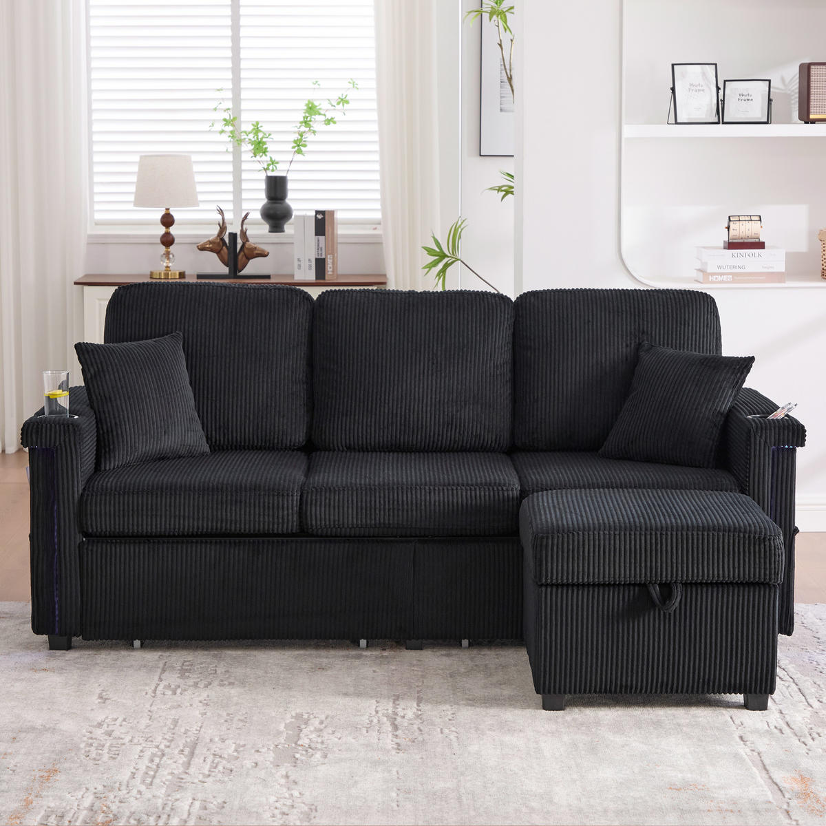 ECKSOFA Corduroy mit LED und USB-Anschluss Stauraum-Schubladen 194/73/81 cm Schwarz - Schwarz, Textil (73/194cm) - Redom