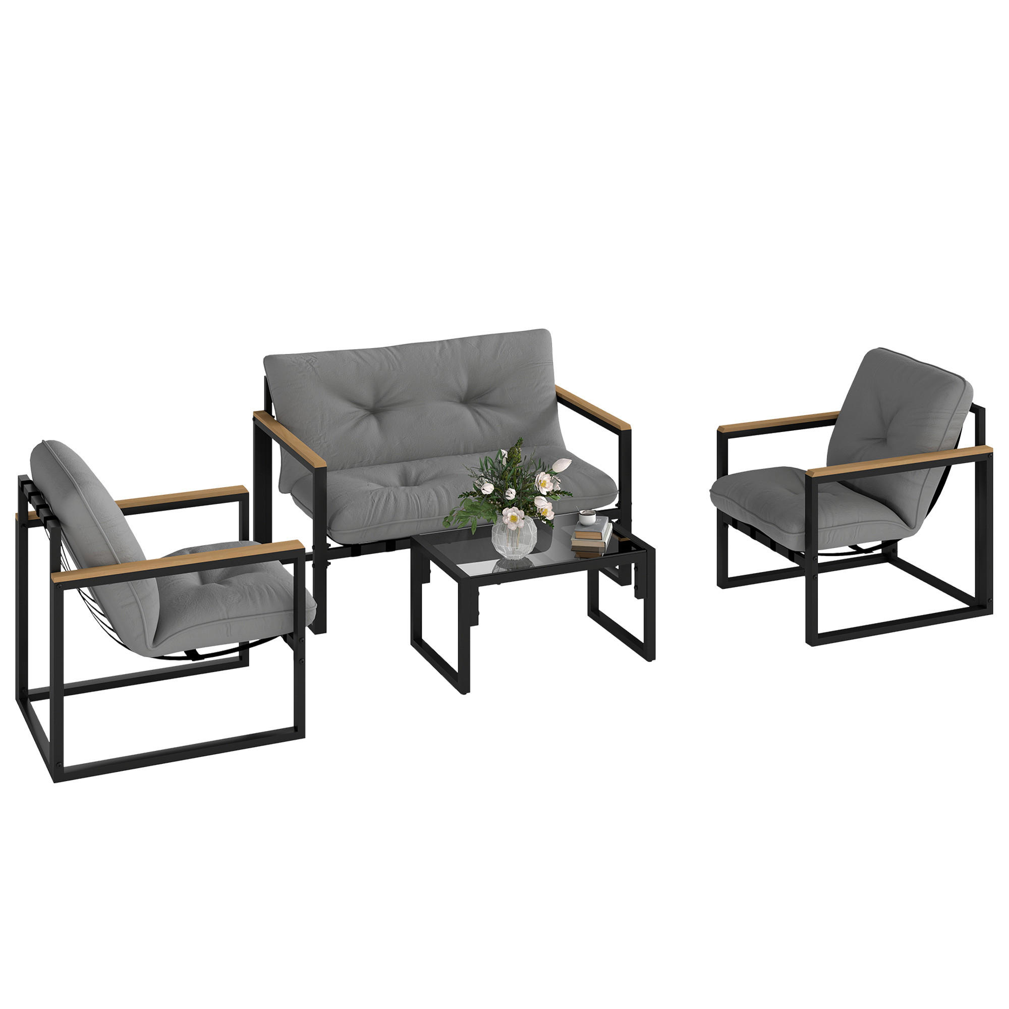 GARTENLOUNGE-SET 4-teilig DE-13425 2 Sessel + Sofa mit Tisch Grau - Hellgrau, Metall - ComfortXL