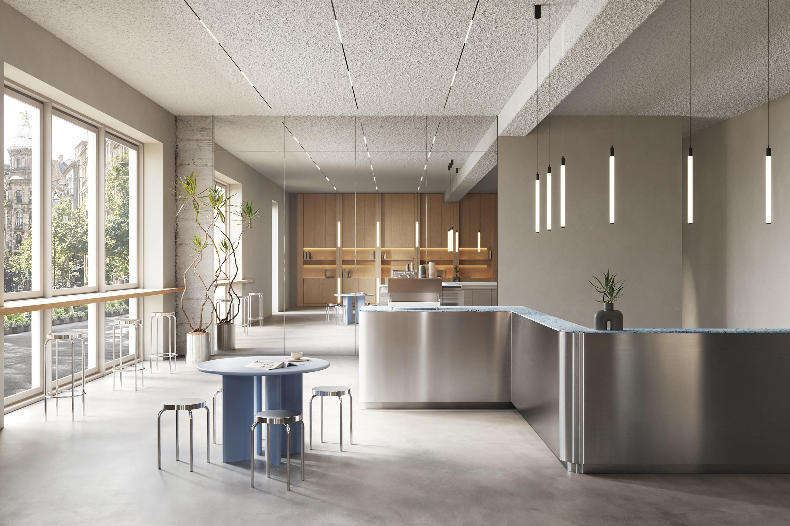 Moderne Küche mit Hängeleuchte in einem Silbernen Look