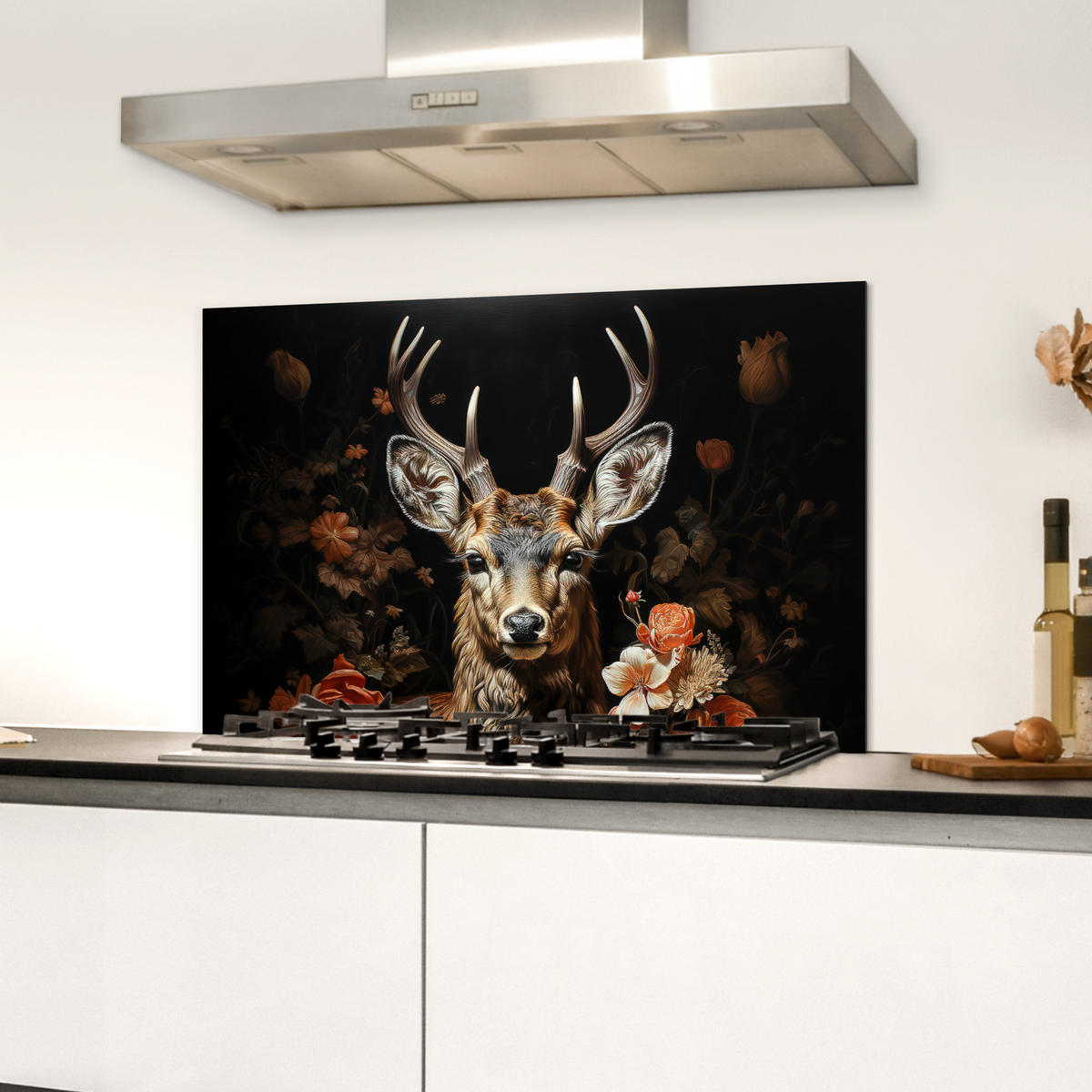 SPRITZSCHUTZ KÜCHE Hirsch - Tier - Blumen - Natur - Botanisch 60x40 cm - Kupferfarben, Metall (60/0.3/40cm) - MuchoWow