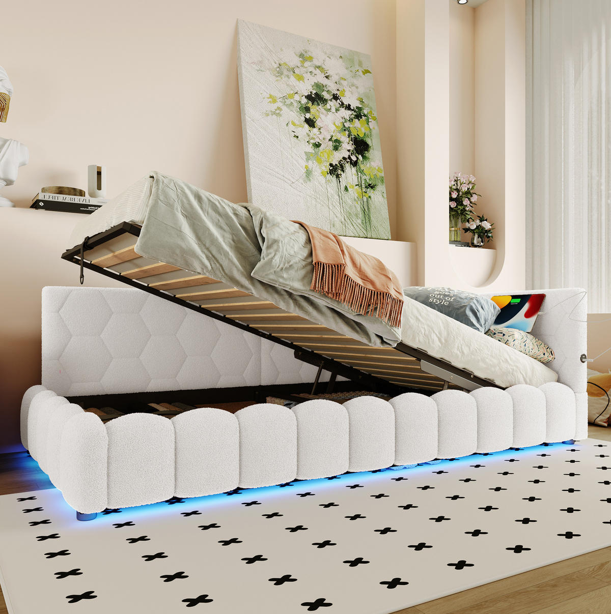 POLSTERBETT 90/200 cm mit LED-Beleuchtung und USB-Anschluss Vliesimitat Weiß - Weiß, Textil (90/200cm) - OKWISH