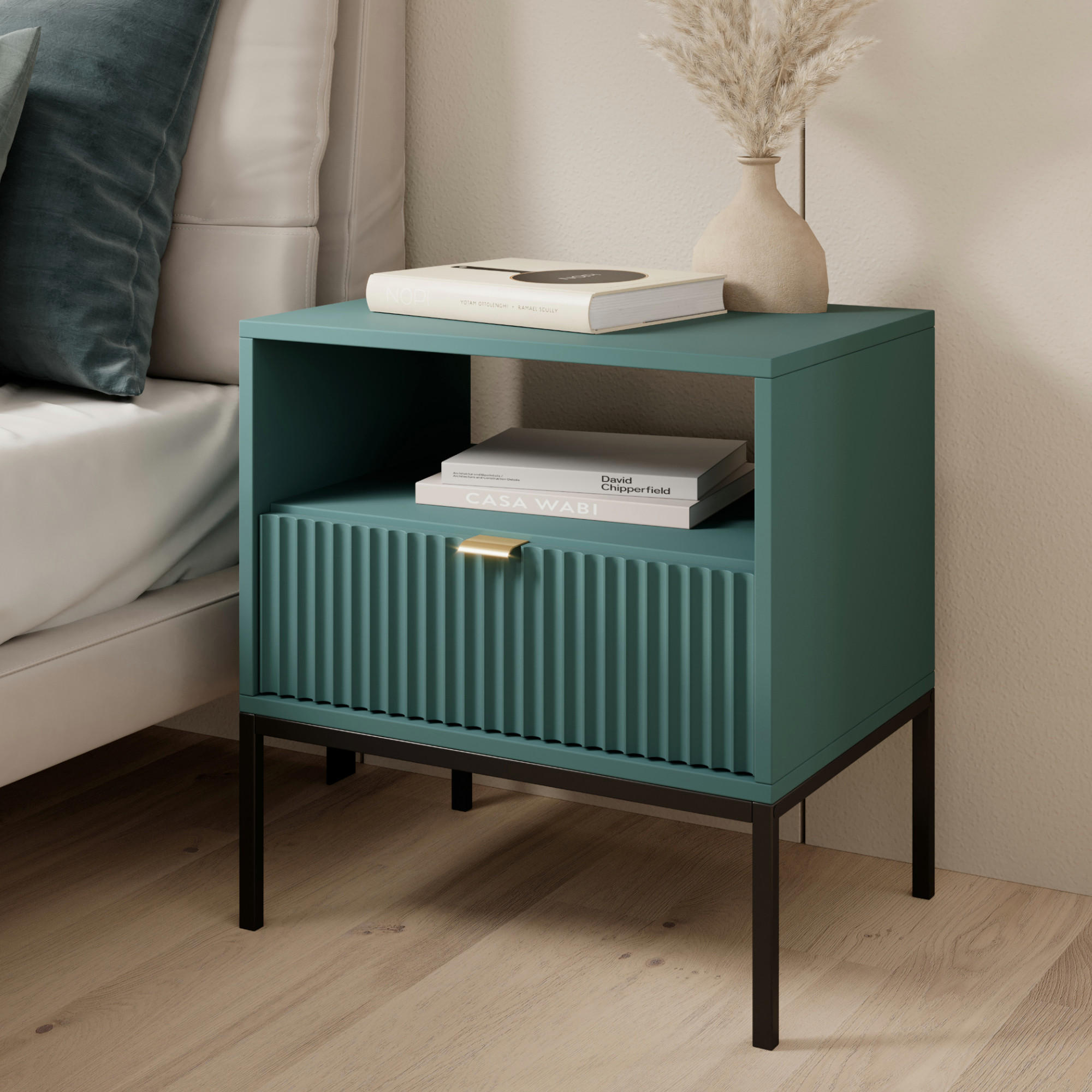 NACHTTISCH NANAIMO STO2-1S Profilierte Fronten, Grün - Grün, Holzwerkstoff/Kunststoff (54/56/39cm) - Komodee