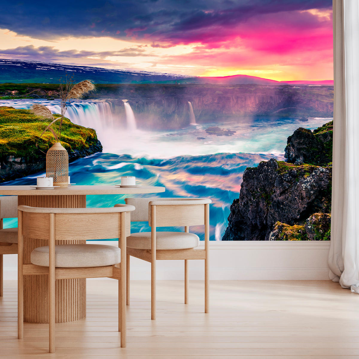 FOTOTAPETE für Esszimmer Godafoss Wasserfall Sonnenuntergang Natur 200x140 - Multicolor, Papier (200/140cm) - Muralo