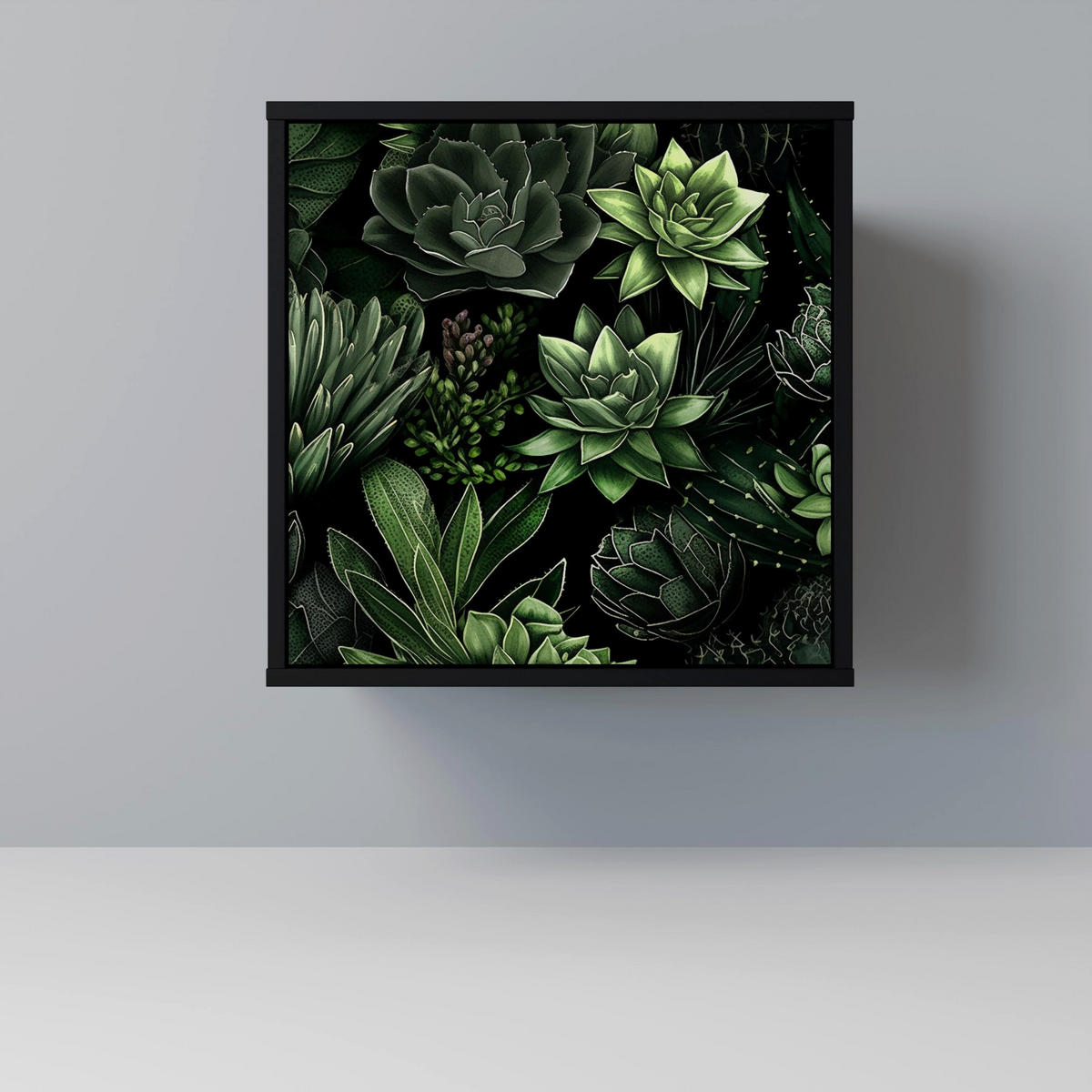 SIDEBOARD SUCCULENT JUNGLE, Schwarz, 57,5x42x67,5 cm, Schwarze Metall-Rahmenfüße - Multicolor/Schwarz, Holzwerkstoff/Metall (57.5/67.5/42cm) - SpaceRebels