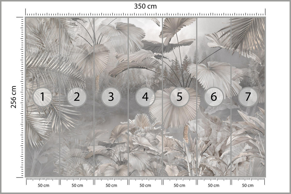 FOTOTAPETE für Wohnzimmer Tropische Blätter Dschungel Palmen Grau 350x256 - Beige/Grau, Papier (350/256cm) - Muralo