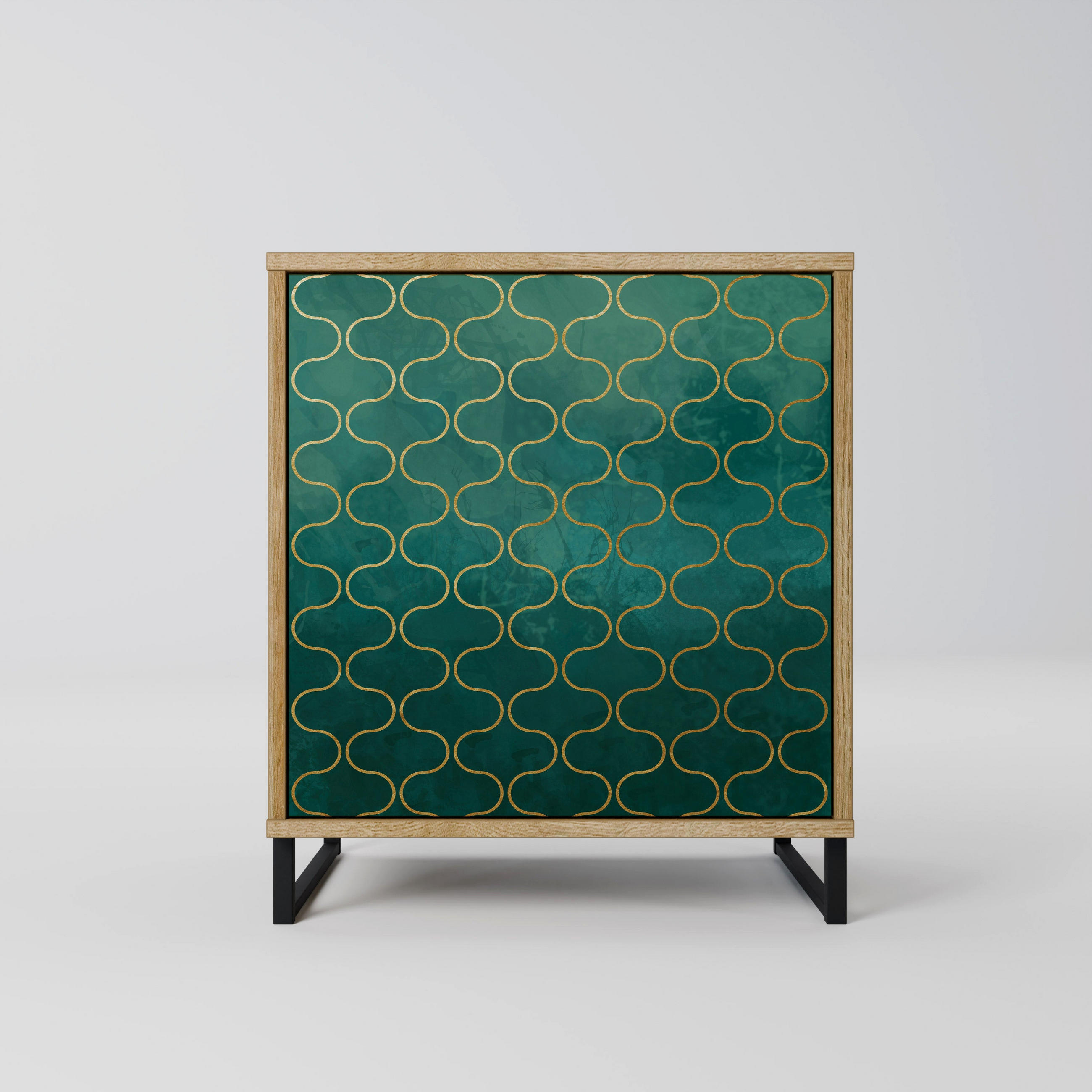 SIDEBOARD TESSELATED GREENERY, Eichefarben, 57,5x42x67,5 cm, Schwarze Metall-Rahmenfüße - Eichefarben/Multicolor, Holzwerkstoff/Metall (57.5/67.5/42cm) - SpaceRebels