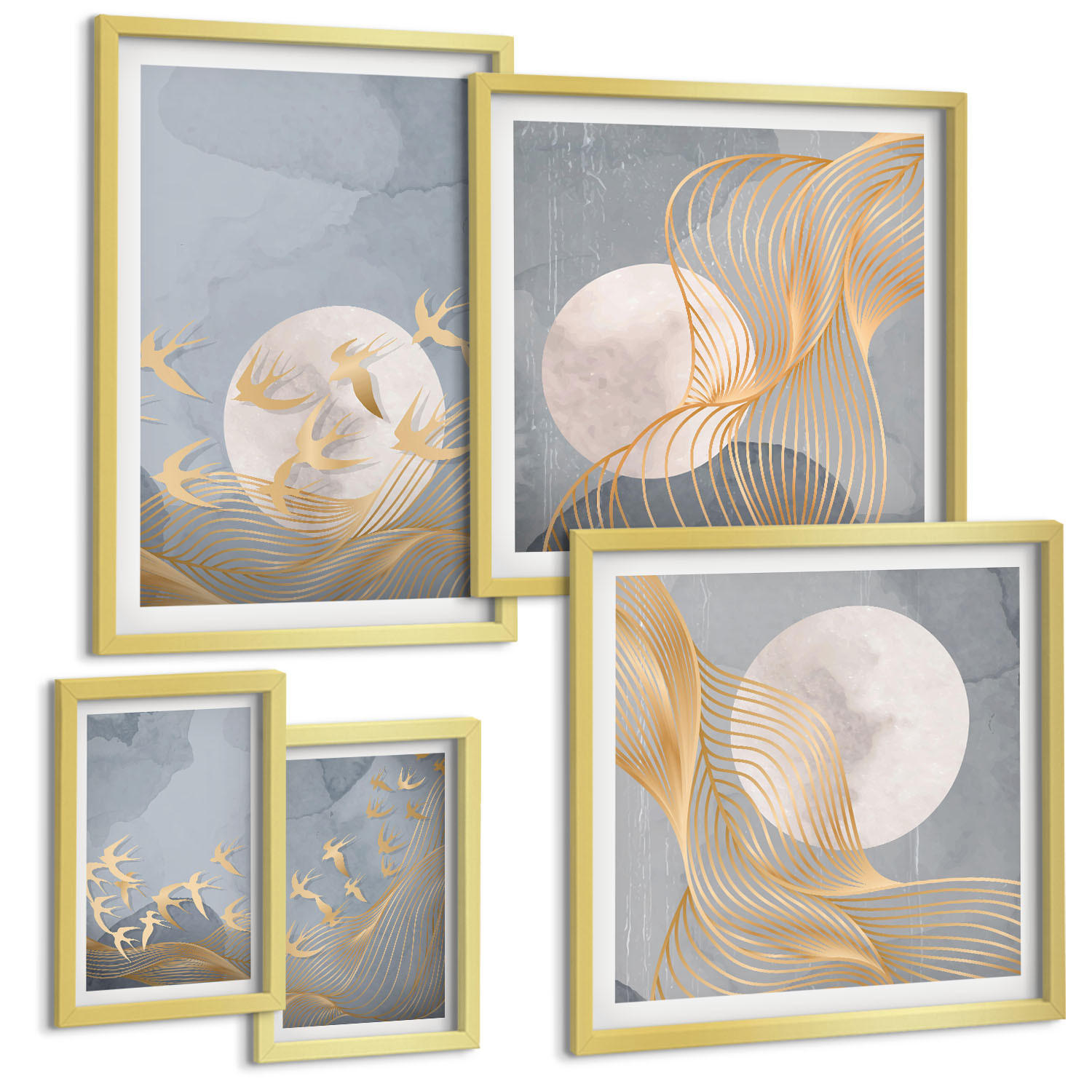 BILDER SET 5er Set - 50x50 cm & 20x30 cm & 40x60 cm Goldrahmen - Weiße Pferde - Goldfarben, Kunststoff (40/60cm) - TULUP