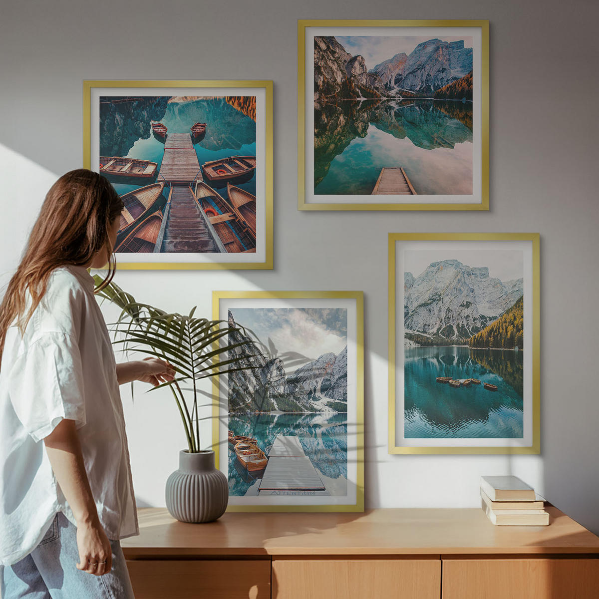 WANDBILDER 4er Set - 50x50 cm & 40x60 cm Goldrahmen - See, Brücken, Berge - Goldfarben, Kunststoff (50/50cm) - ArtPrintCave