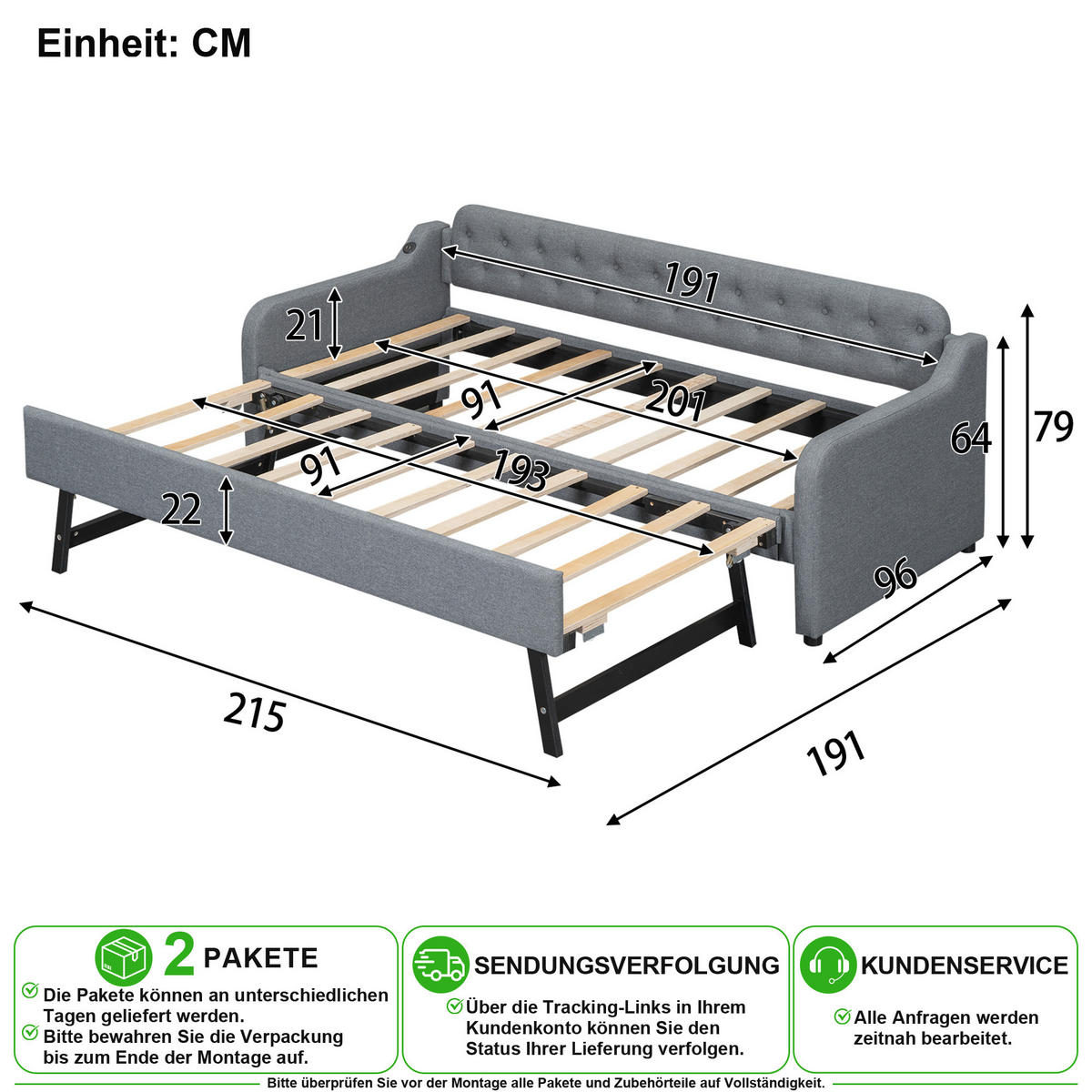 SCHLAFSOFA 90/200 cm in Grau mit Ausziehbett und USB - Grau, Holzwerkstoff/Textil (90/200cm) - CHICFURN