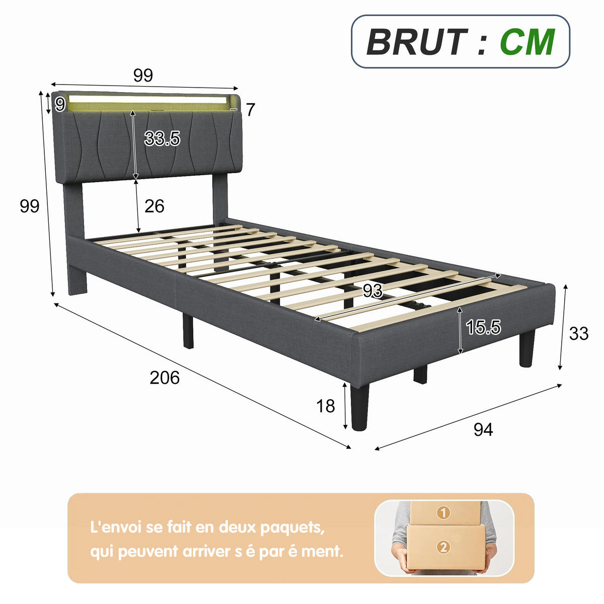 POLSTERBETT 90x200 cm mit LED & USB, Lattenrost, Grau - Grau, Metall (90/200cm)