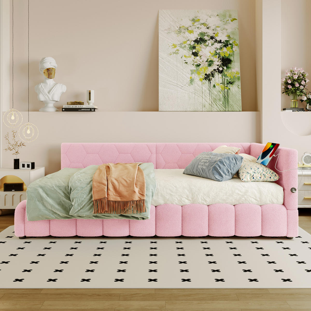 TAGEBETT 90x200cm Rosa Vliesimitat LED-Licht Hydraulik USB-C - Pink, Holz (90/200cm) - FLIEKS