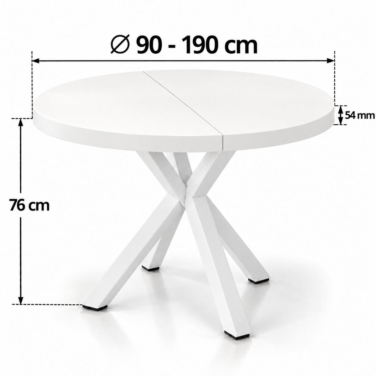 ESSTISCHRUND ausziehbar 90/190/76 cm, Weiß, 54 cm Tischplatte + X Metallbeine - Weiß, Holzwerkstoff/Metall (90/190/76cm) - Damale Möbel