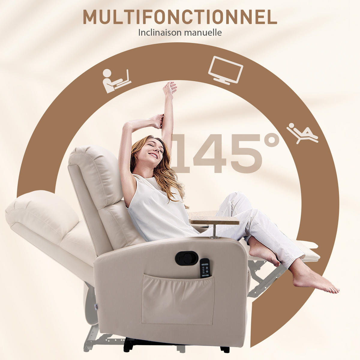 MASSAGESESSEL Beige mit Massagefunktion und Liegefunktion 77/93/105 cm - Beige, Textil (77/105/93cm) - PANGIVO