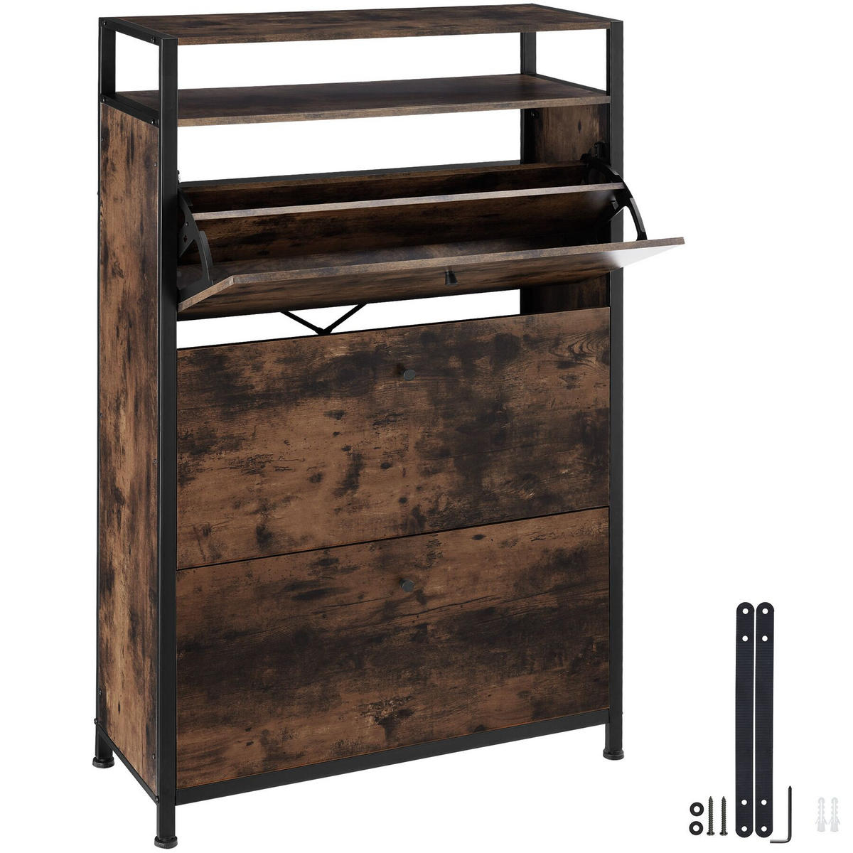 SCHUHSCHRANK Buffalo,inklusive Kippschutz, 81 x 32 x 130 cm,Industrial Holz dunkel, rustikal - Rostfarben, Holzwerkstoff (32/130/81cm) - tectake
