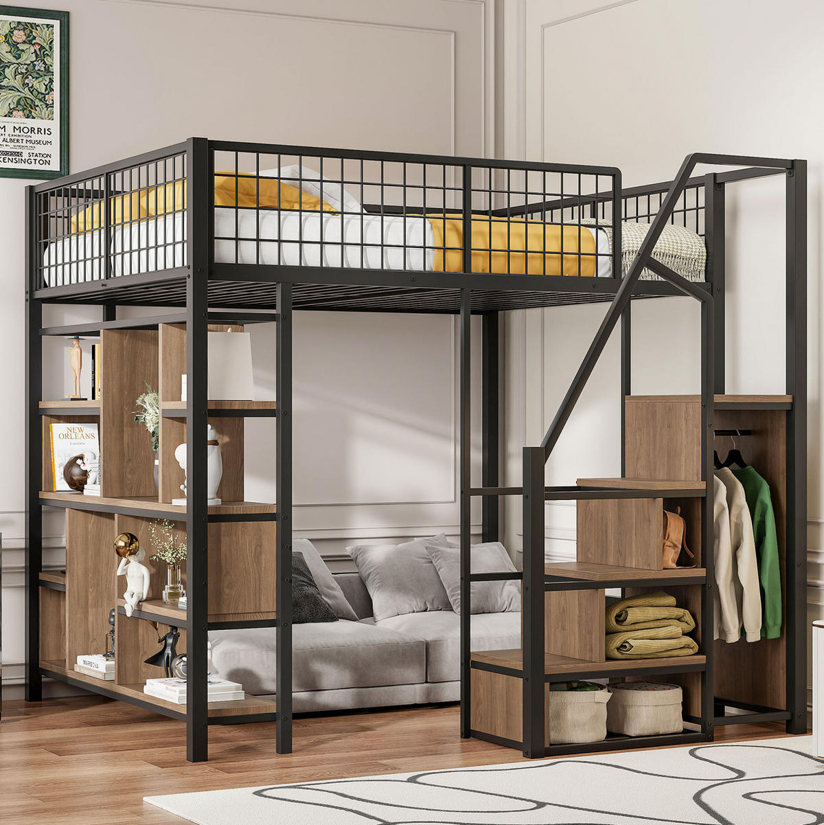 HOCHBETT 140/200 cm Schwarz aus Metall und Holz mit Stauraumtreppe - Schwarz, Metall (140/200cm) - OKMYHOME