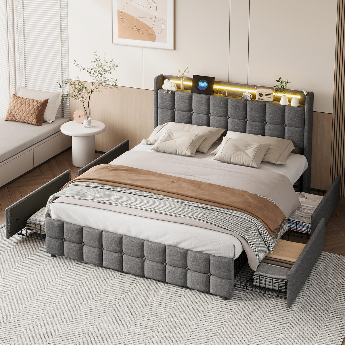 POLSTERBETT 160/200 cm mit Ladestation und 4 Schubladen, Doppelbett Grau,ohne Matratze - Naturfarben/Grau, Holz/Textil (160/200cm) - PARAFTA HOME