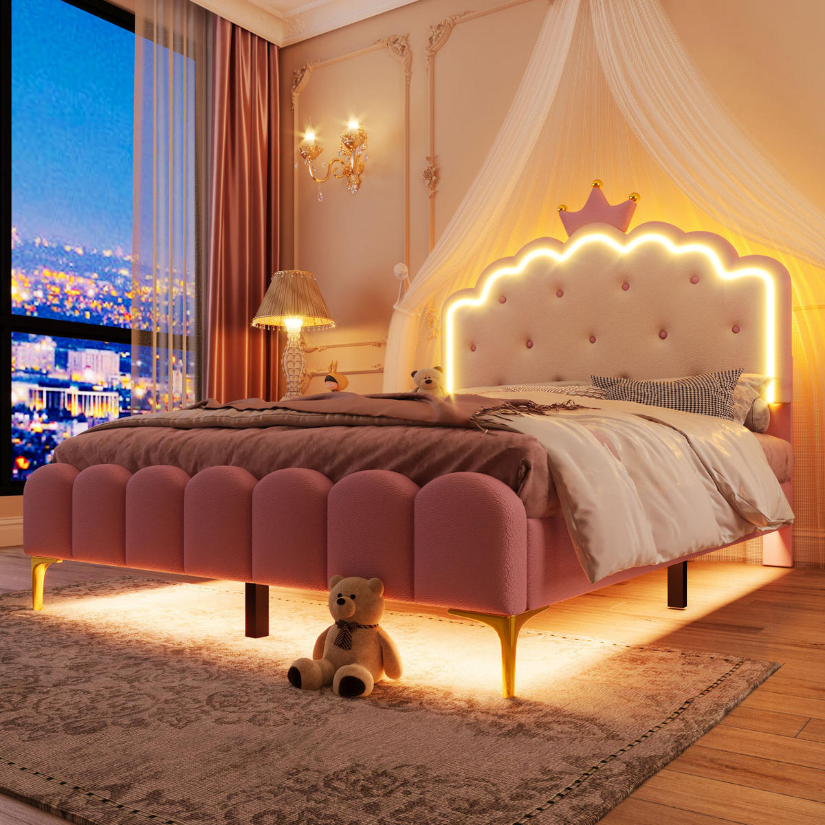 POLSTERBETT 140/200 cm in Rosa mit LED-Beleuchtung und gepolstertem Kopfteil - Rosa, Kunststoff (140/200cm) - BEAOK