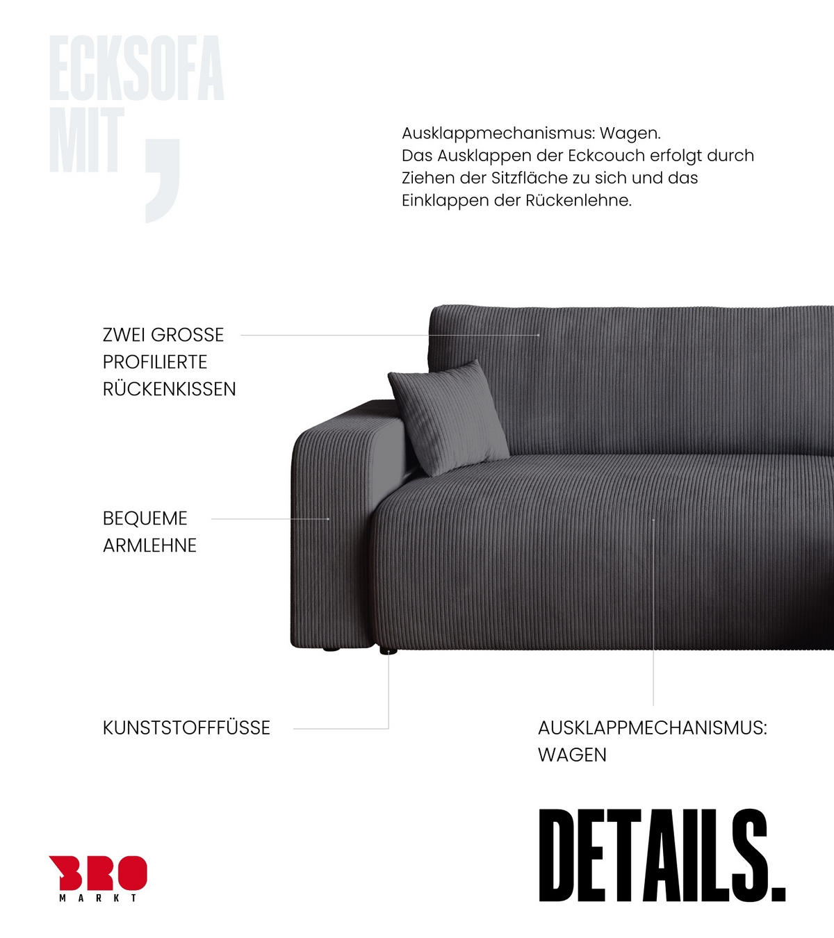 ECKSOFA PUMI mit Schlaffunktion Grau Cord - Grau, Textil (244/148cm) - Bromarkt