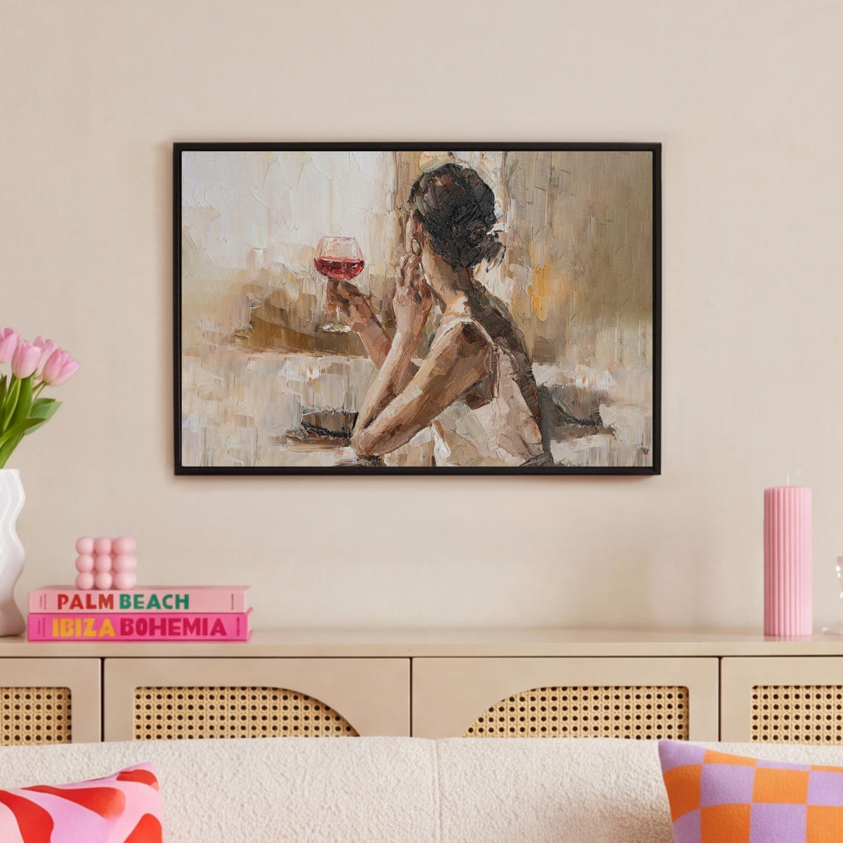 LEINWAND Bilder mit Rahmen - Ölgemälde - Frau - Wein - 60x40 - Hellbraun, Textil (60/40cm) - MuchoWow