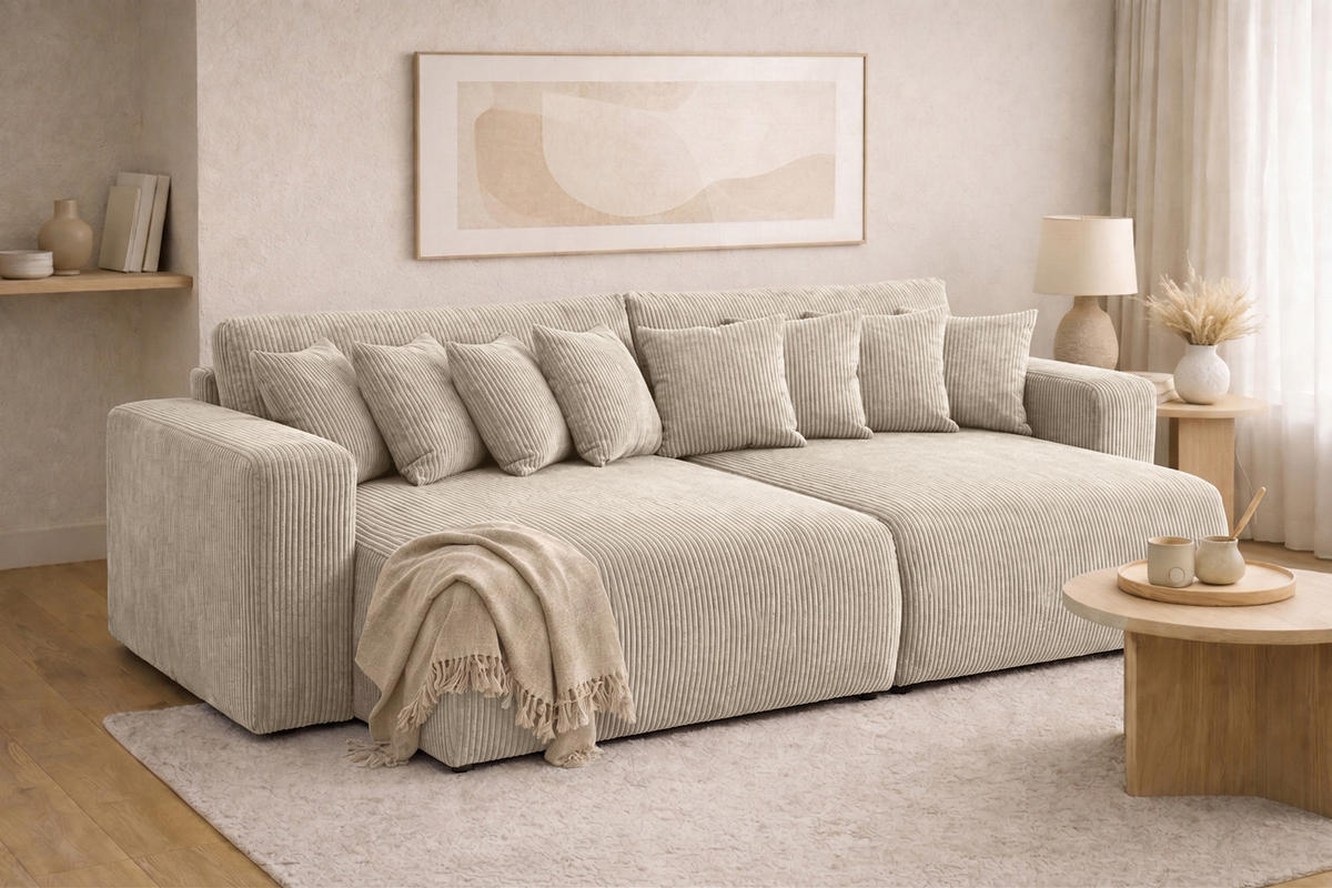 SCHLAFSOFA, Cordstoff Poso, Dunkelbeige, PIANO DOUBLE - Beige, Holz (246/83/145cm) - Kaiser Möbel