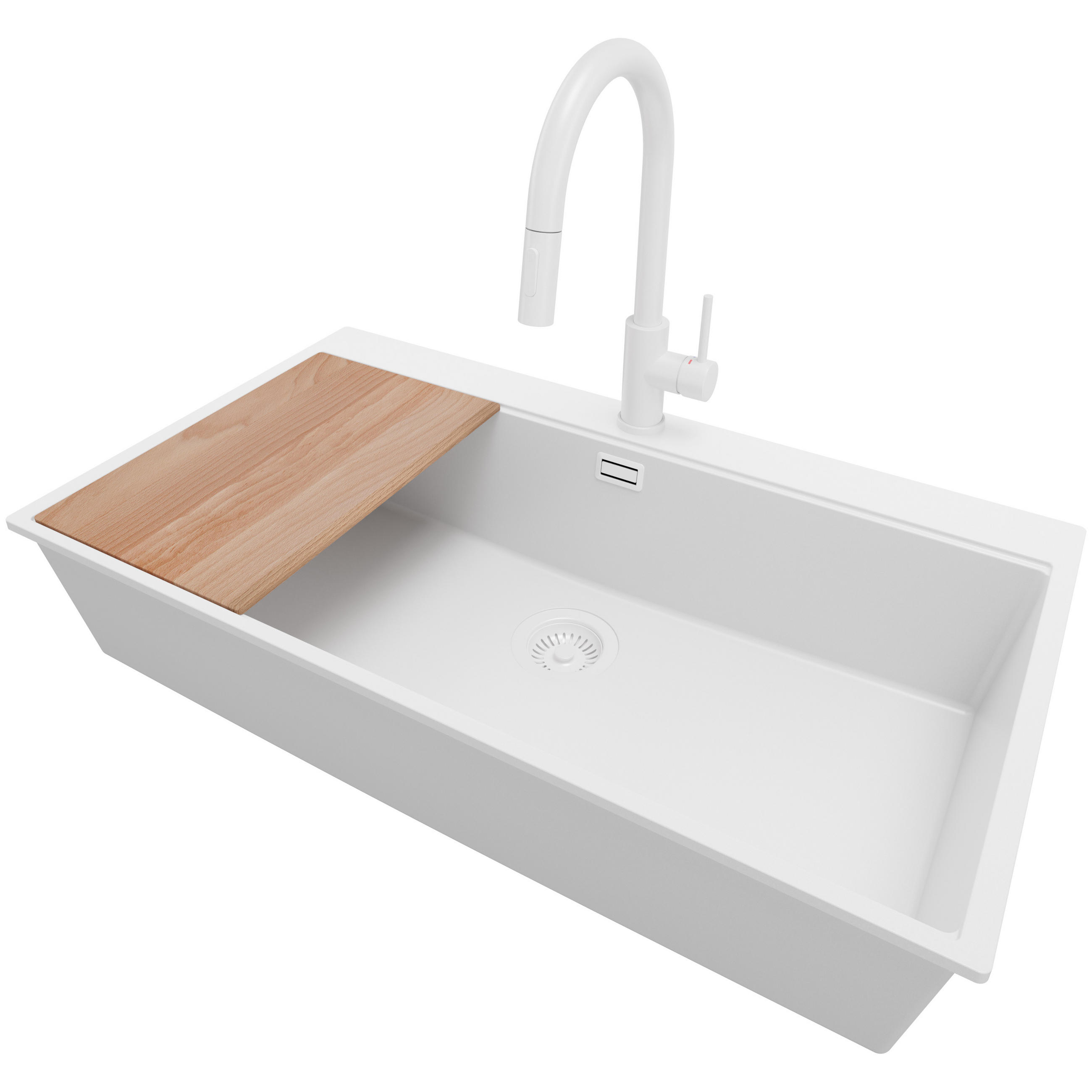 GRANITSPÜLE Oslo, 2-er set Alles Weiß 88/50 cm 1 Becken + Küchenarmatur 40/20 cm + Ablauf-Set + Schneidebrett ab 90er Unterschrank - Beige/Weiß, Kunststoff (88/20/50cm) - Primagran