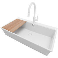 GRANITSPÜLE Oslo, 2-er set Alles Weiß 88/50 cm 1 Becken + Küchenarmatur 40/20 cm + Ablauf-Set + Schneidebrett ab 90er Unterschrank - Beige/Weiß, Kunststoff (88/20/50cm) - Primagran