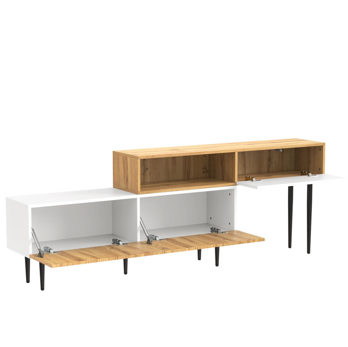 TV-SCHRANK aus MDF und Spanplatte 220x30x63,5 cm Weiß/Holzfarben mit modularem Design, Kabeldurchführung und Stauraum - Naturfarben, Holzwerkstoff (220/63.5/30cm) - Modfu