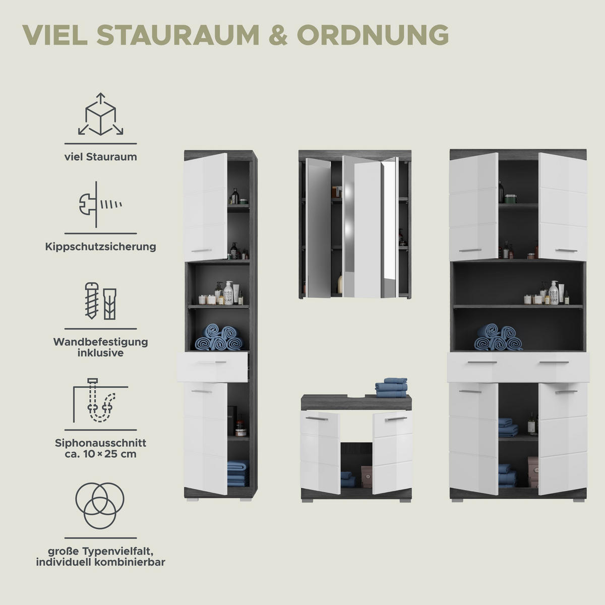 BADKOMBINATION 4tlg. Scout Bad in Rauchsilber Nachbildung und weiß hochglanz B/H/T: 186x191x34 cm - Anthrazit, Holz (186/191/34cm)