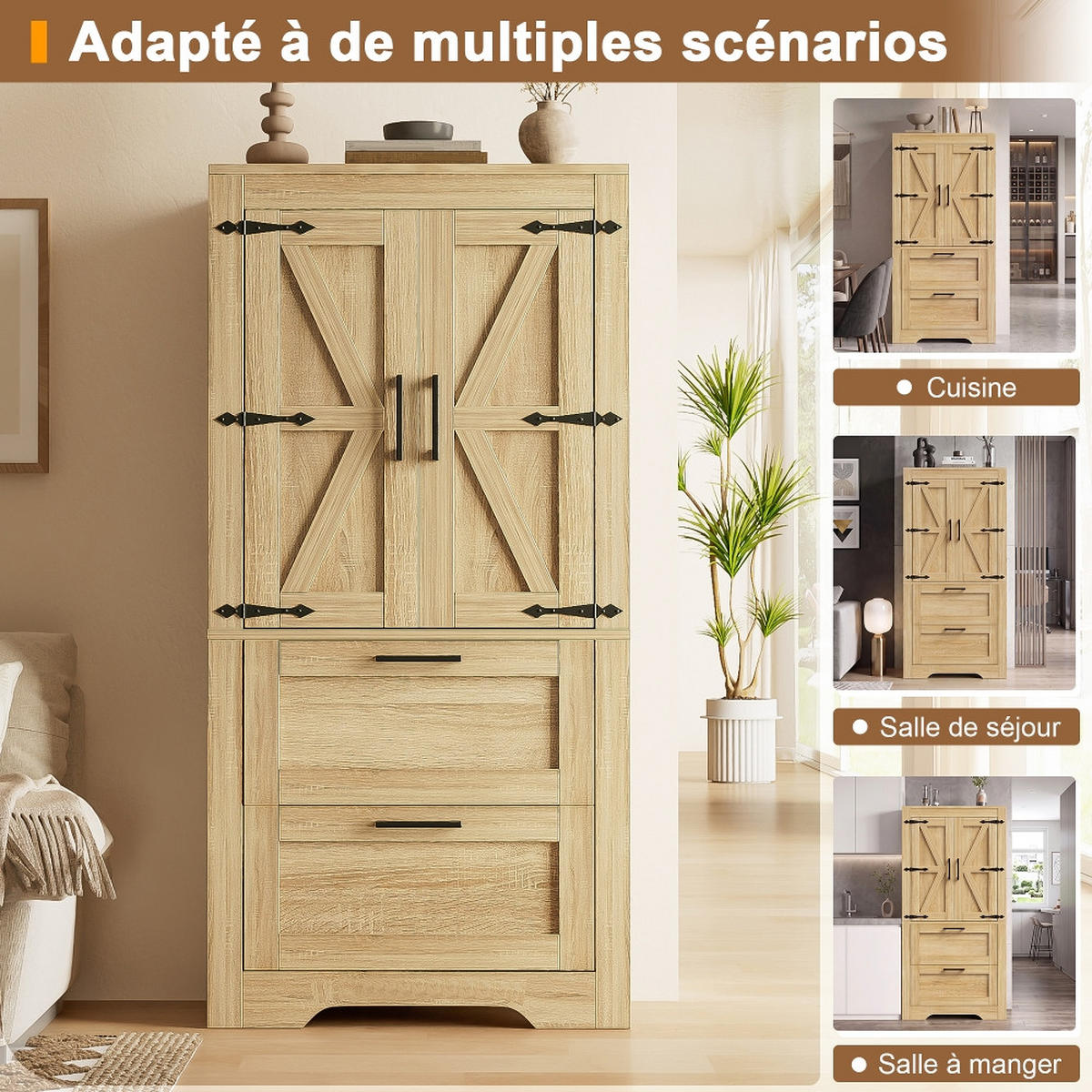 KÜCHENINSEL Küchenschrank Landhausstil, SCHEUNENTÜR DESIGN, mit 2 Schubladen, Naturholzfarbe, 60/128/30 cm - Naturfarben, Kunststoff (30/128/60cm) - Rolipo