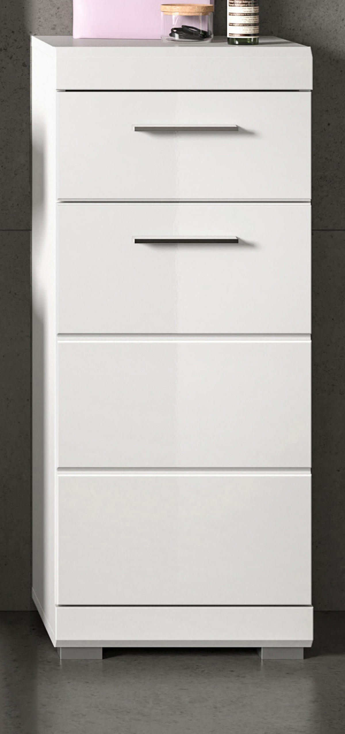 BADKOMMODE weiß Hochglanz 37 x 88 cm, Badschrank Türanschlag wechselbar - Weiß Hochglanz/Silberfarben, Holzwerkstoff/Kunststoff (37/88/31cm) - Inn.Furn