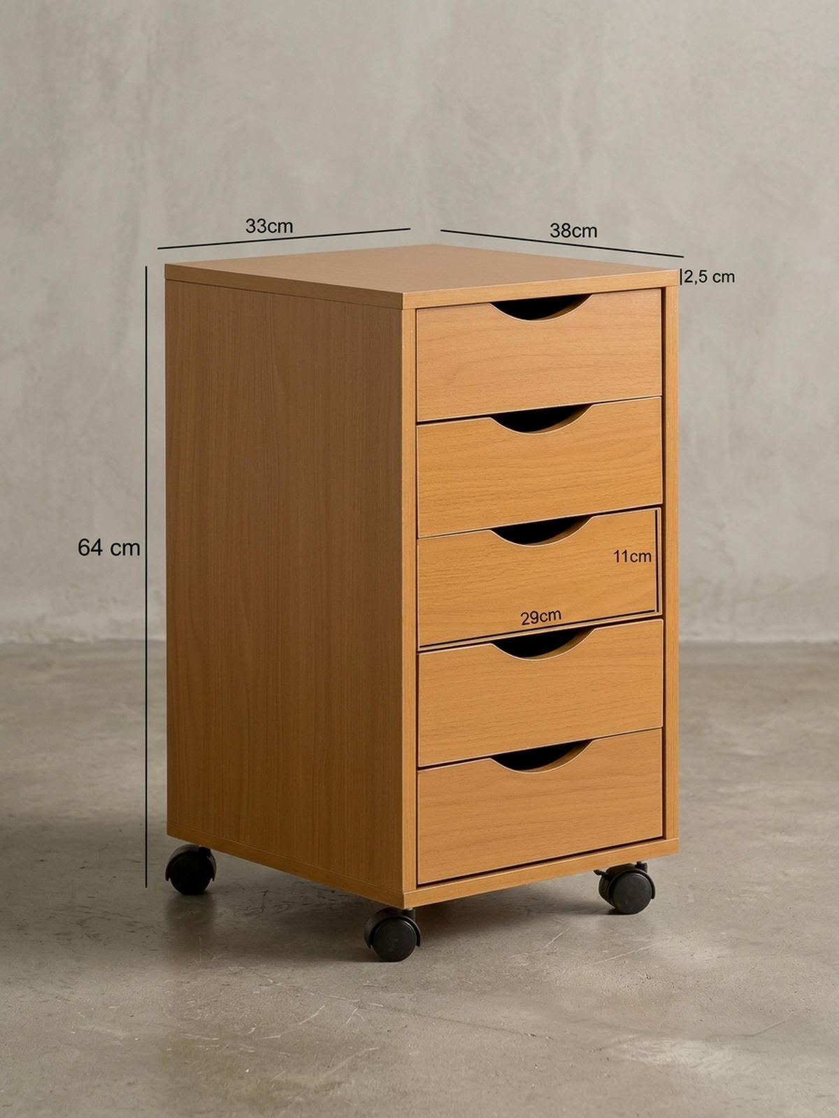 ROLLCONTAINER – Buche, 5 Schubladen, Schreibtischcontainer, Rollen - Schwarz/Braun, Holz/Kunststoff (33/64/38cm) - KADIMA DESIGN