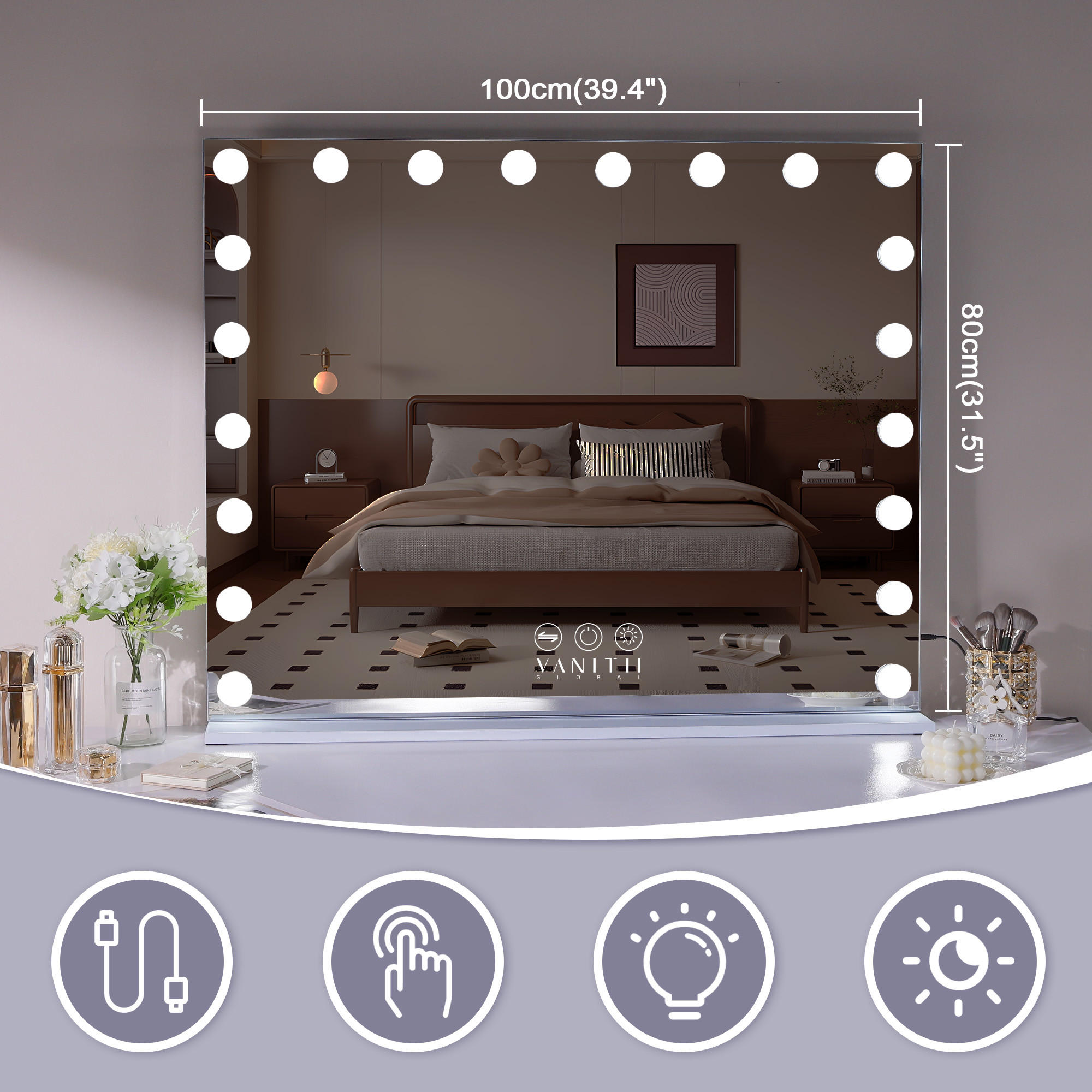 Thumbnail - Vanitii Schminkspiegel, Weiß, Metall, Mode, Rechteckig, 100x80x15 cm, Spiegel