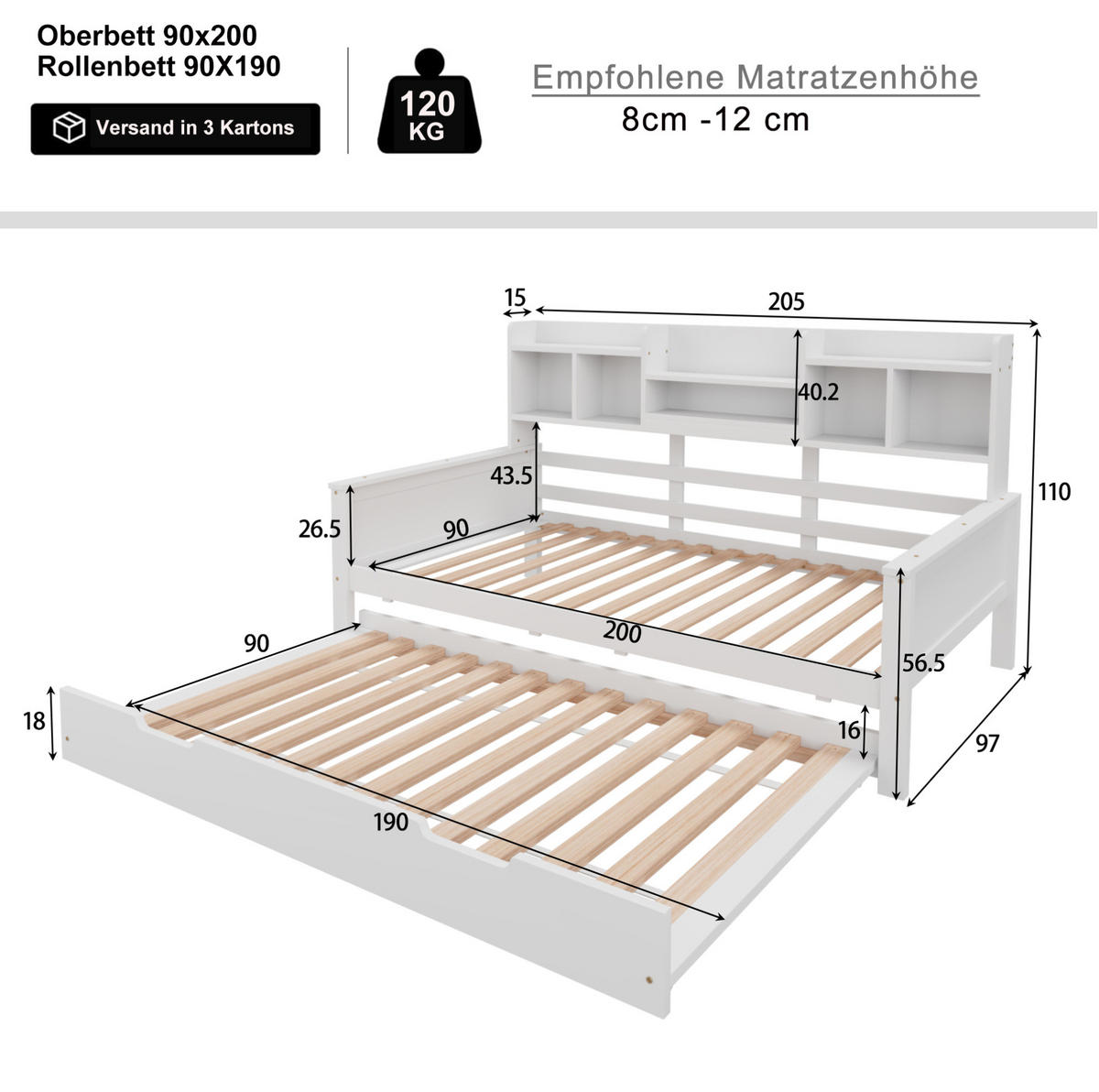 BETT mit integriertem Regal und Ausziehfunktion 90/200 cm Kiefernholz Weiß - Weiß, Holz (90/200cm) - OKWISH