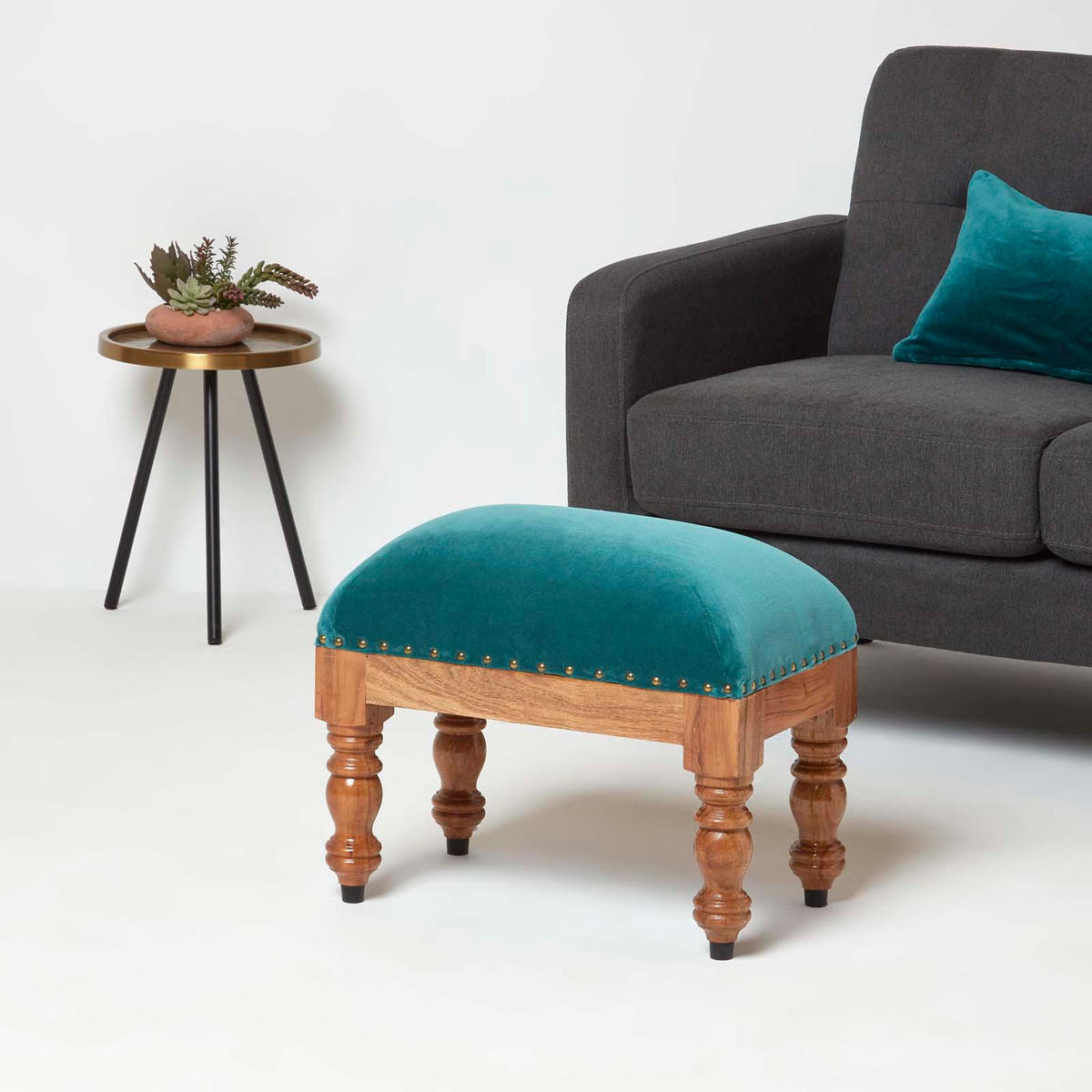 SAMT-HOCKER Mable, petrolgrün mit Holzbeinen, 50/30/40 cm - Grün, Textil (30/40/50cm) - Homescapes