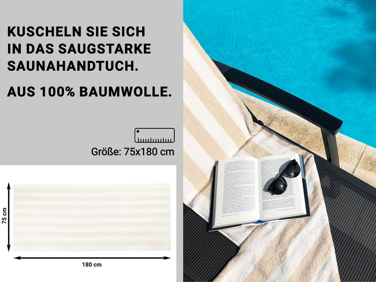 SAUNATUCH, 2er-Set, 75x180 cm, 100% Baumwolle, Weiß - Beige, Textil (75/180cm) - Zollner