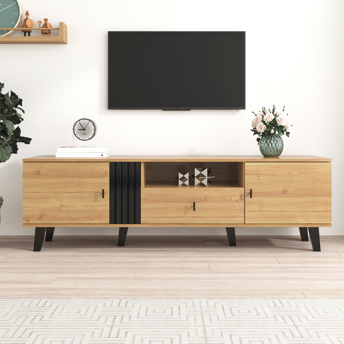 LOWBOARD 170/40/50,5 cm aus Glas und Spanplatte mit 2 Türen und Schublade Natur/Schwarz - Schwarz, Holzwerkstoff (170/50.5/40cm) - Modenvie
