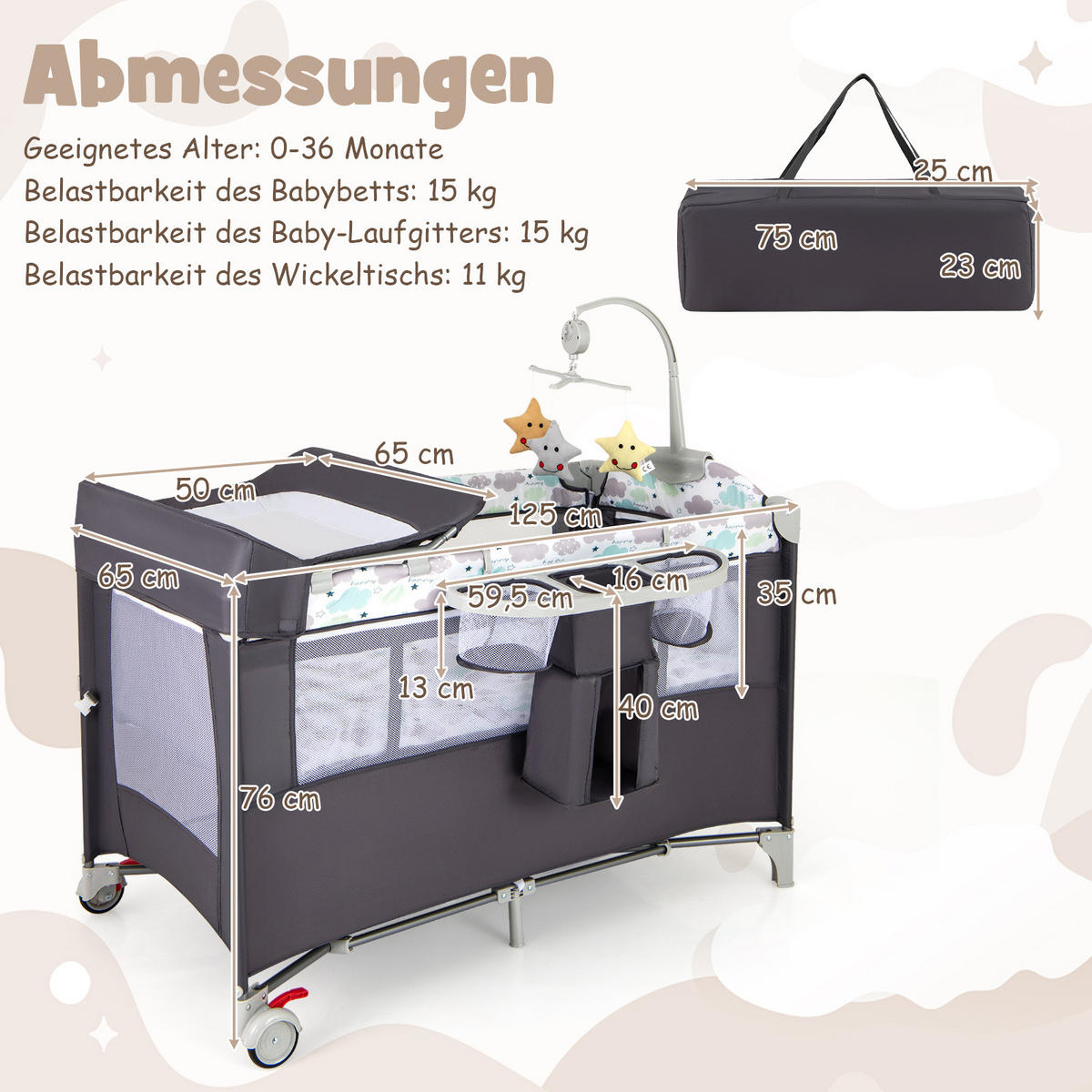 BEISTELLBETT Grau - Grau, Textil - COSTWAY