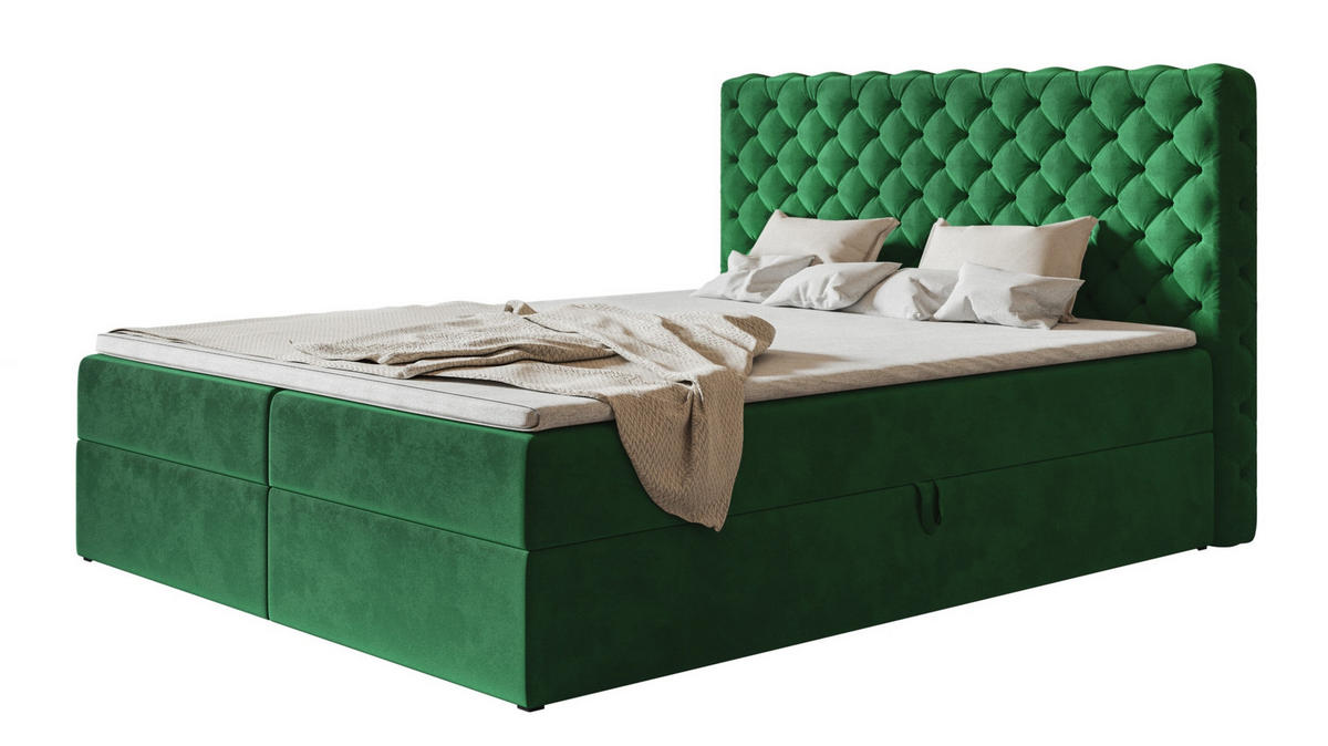 BOXBETT MIAMI mit 2 Bettkästen, 160x200, Farbe: Grün, Velourstoff, Doppelbett mit Bonell-Matratze - Grün, Holz/Kunststoff (160/200cm) - Alpi-Möbel