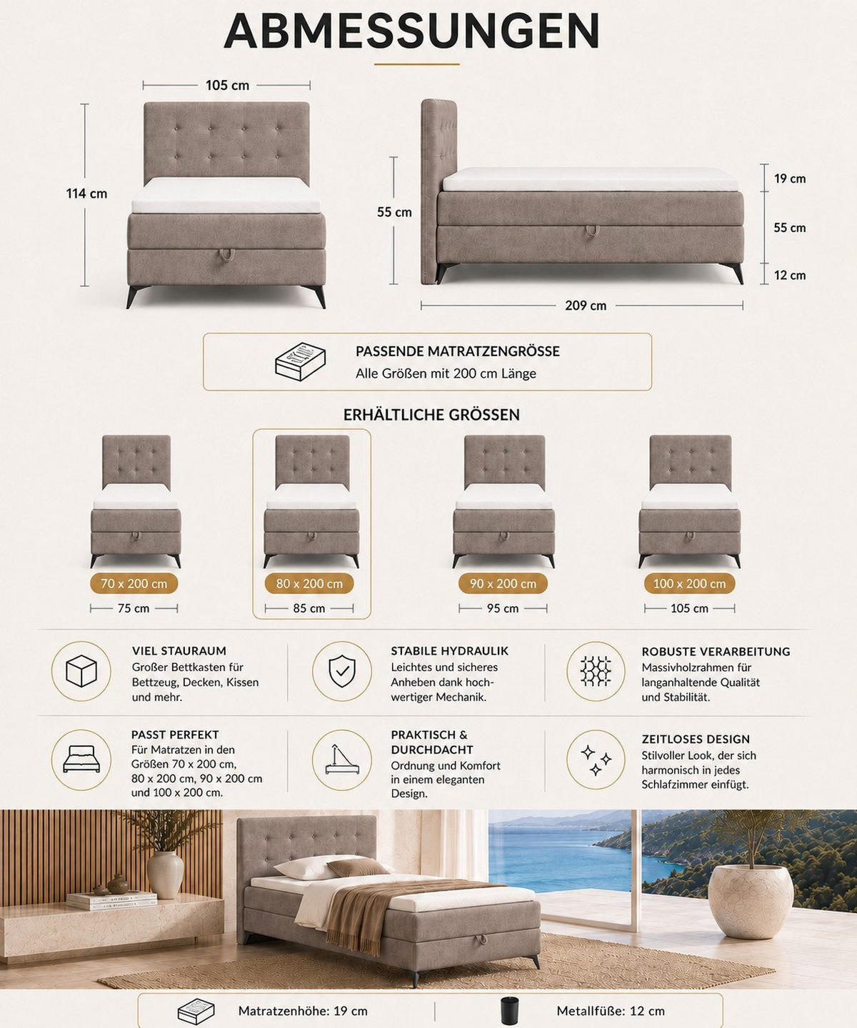 BOXBETT K15 Single SLIM mit Bettkasten & Bonell-Federkern ohne Topper - Taupe, Holz/Textil (200/80cm) - Best For Home