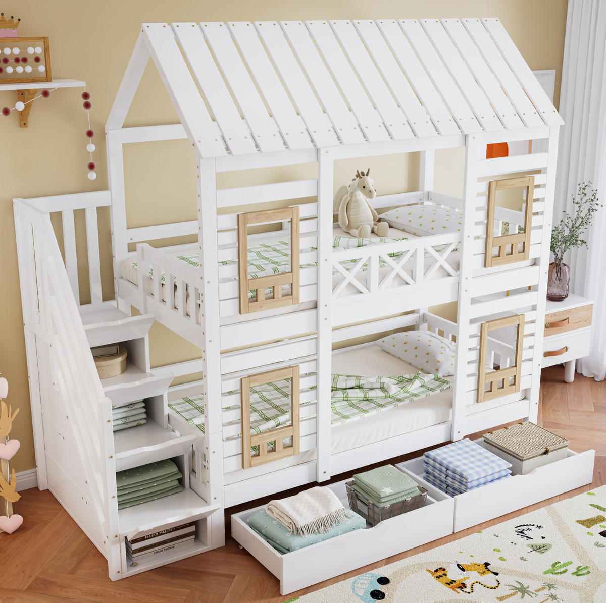 HAUSBETT 90/200 cm Weiß/Natur mit Stauraumtreppe und 2 Schubladen - Weiß, Holz (90/200cm) - Flora Grace