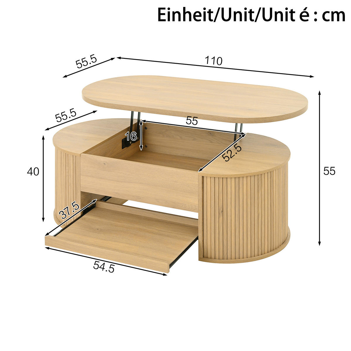 COUCHTISCH in Naturfarben Wohnzimmertisch mit anhebbarer Tischplatte und ausziehbarem Regal, B110/T55.5/H40cm - Naturfarben, Holzwerkstoff/Metall (55.5/110/55cm) - STILVORA
