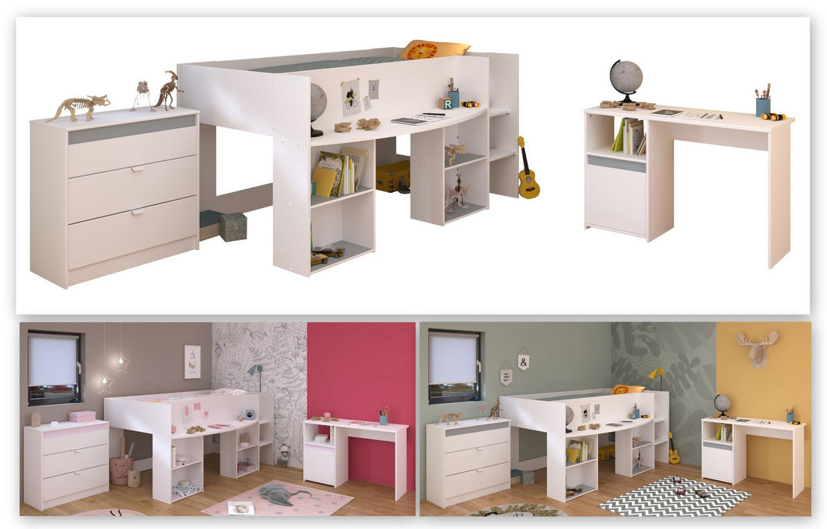 KINDERZIMMER weiß, grau oder rosa, Komplett-Set 3-teilig mit Kleiderschrank, Schreibtisch, Bett 90x200 - Weiß, Holzwerkstoff (110/104/205cm) - Parisot Meuble
