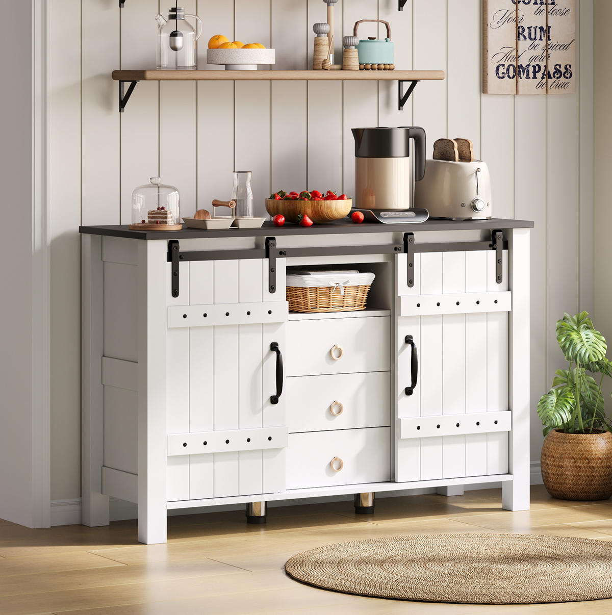 SIDEBOARD mit Schiebetüren und 3 Schubladen 120 cm MDF Weiß - Weiß, Holzwerkstoff (120/80/40cm) - Meubliv