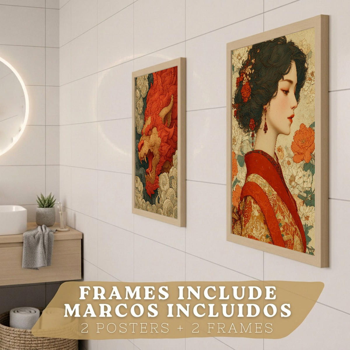 PLAKÁT Sada 2 dekorativních koupelna-Kunstdrucke japonském pro hůlku Sprcha Toilette mit Orientalischem Drachen & Frau Lehký dřevěný rám A3 - béžová, papír (42/29.7/3cm) - Nacnic