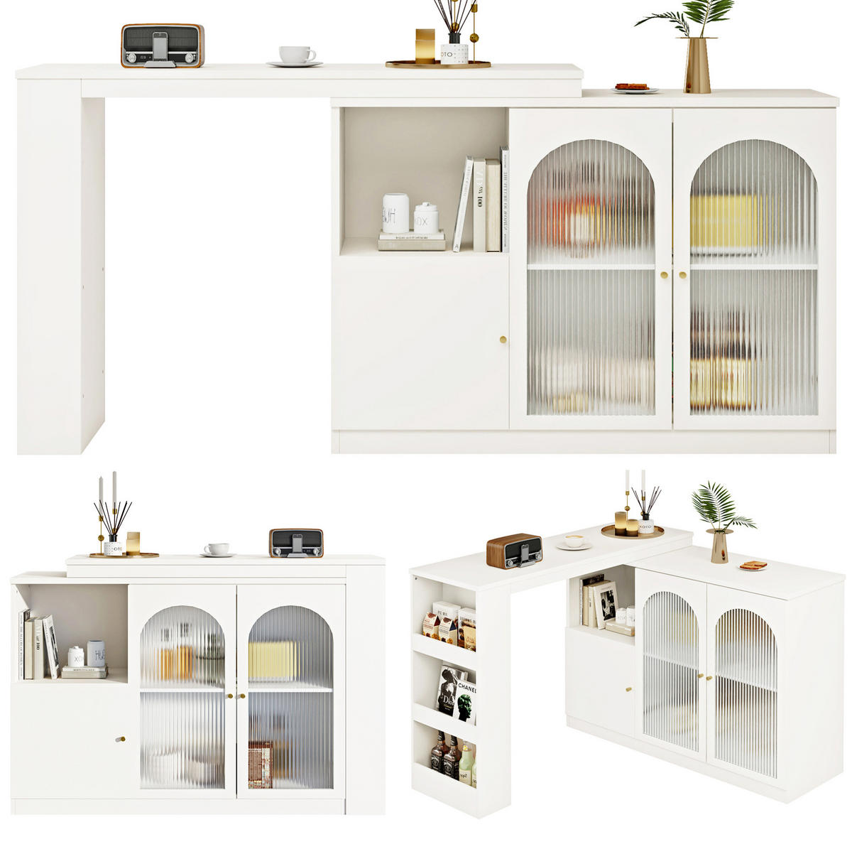 BAROVÁ skříň 120/40/97 cm bílá z MDF s otočným 360° designem a skleněnými dvířky - bílá, kompozitní dřevo (120/40/103cm) - OKWISH