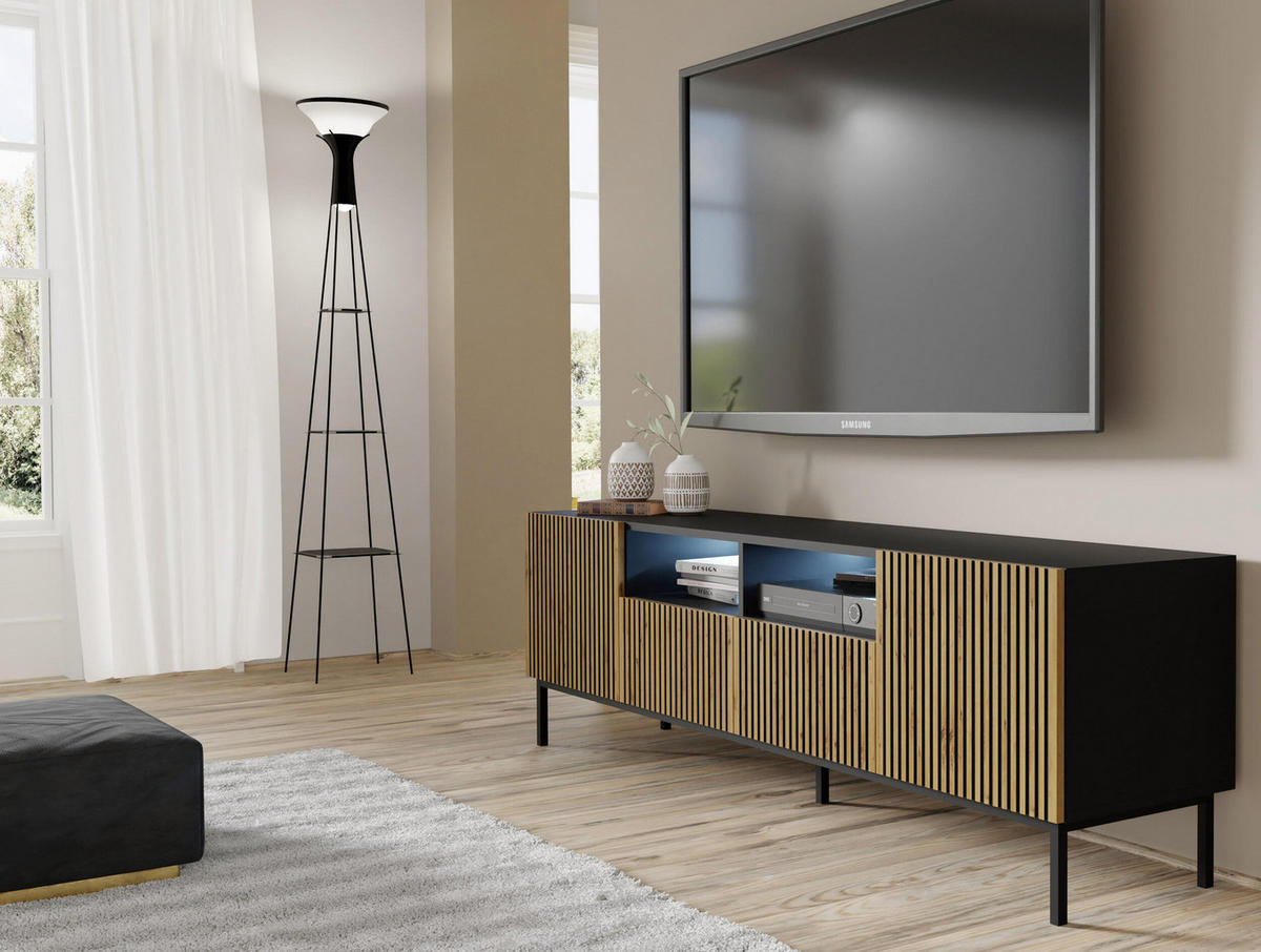 TV-LOWBOARD SCHWARZ - Beige/Schwarz, Holzwerkstoff (200/58/42cm) - FURNLUX
