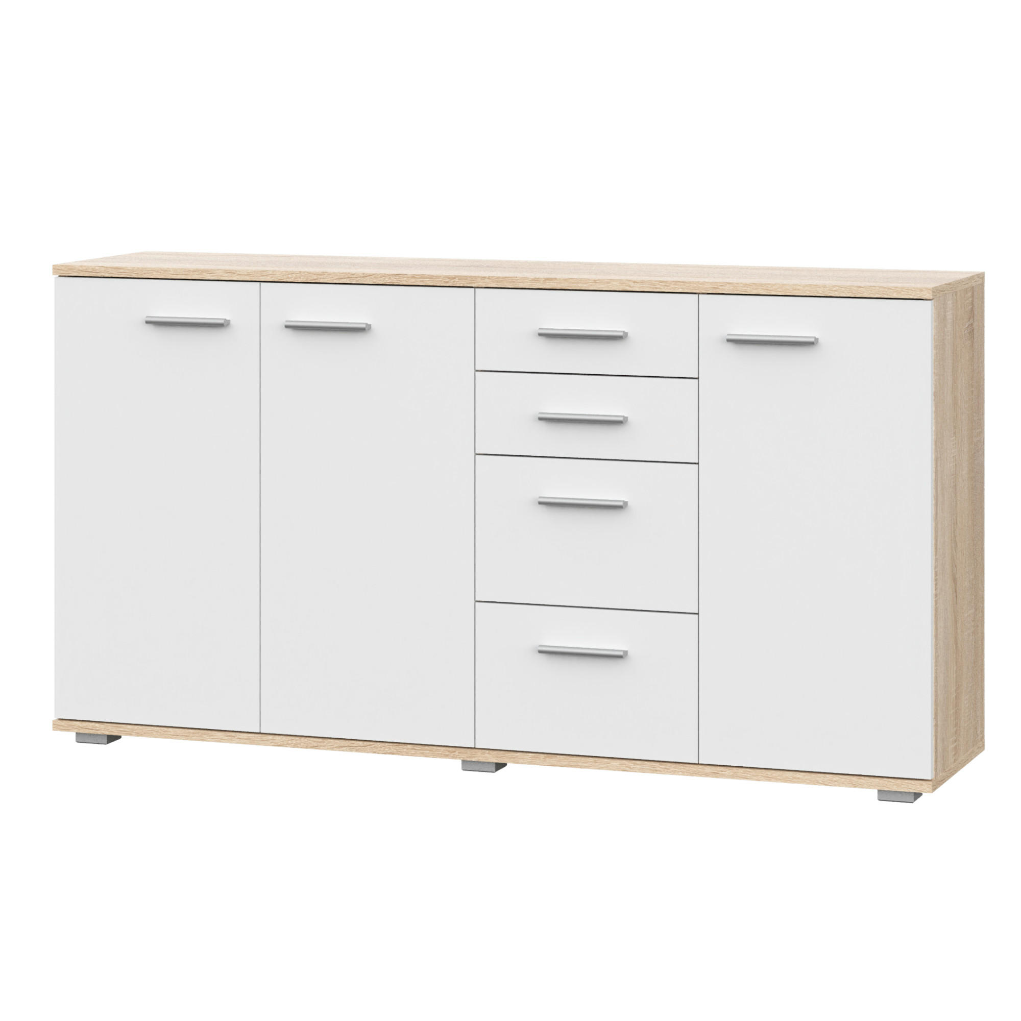 SIDEBOARD FAUSKE KOM3-3D4S Schubladen Eiche Sonoma Weiß - Silberfarben/Weiß, Holzwerkstoff/Kunststoff (138/74/34cm) - Komodee